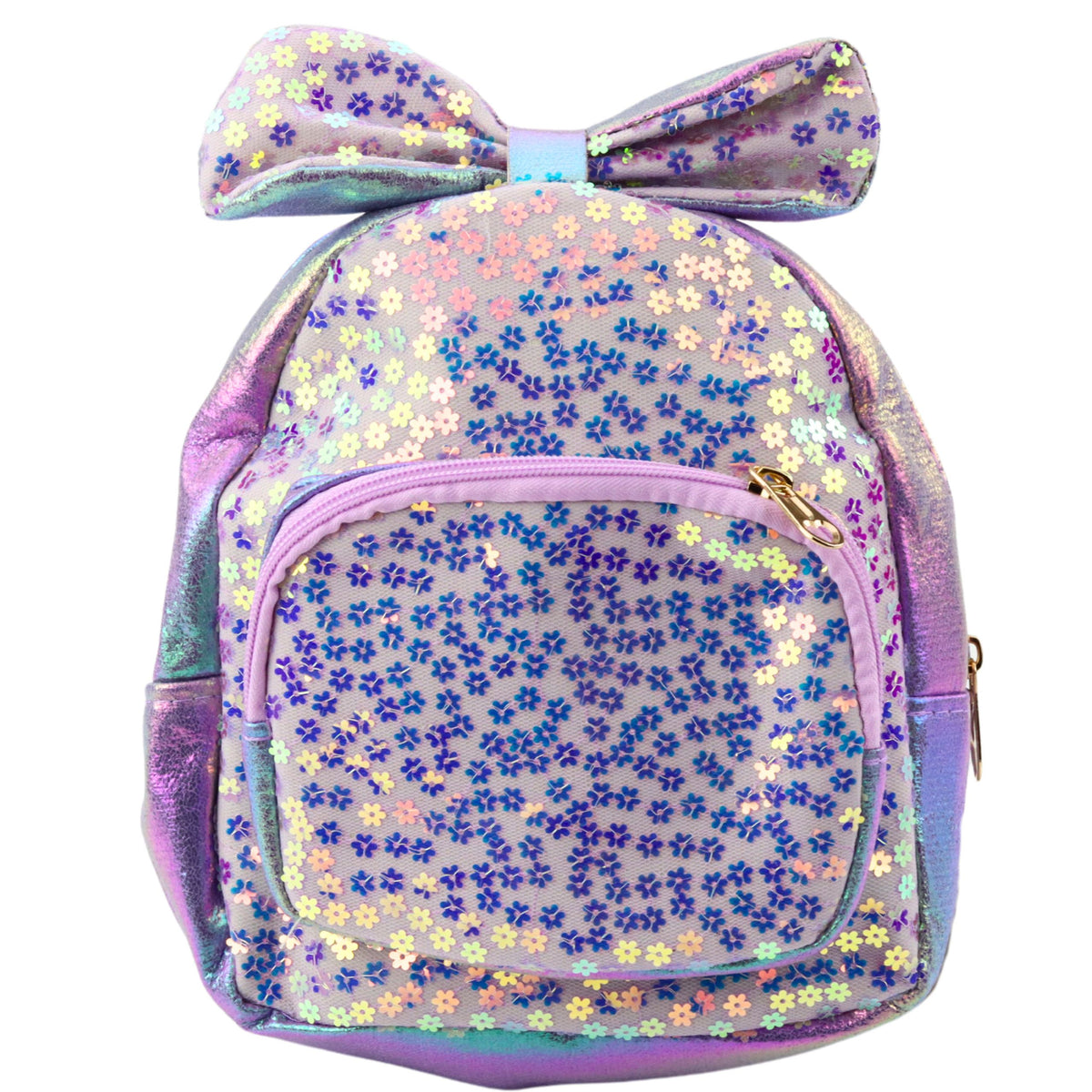 Mochila Infantil Com Lantejoulas Em Flores Laço Roxo 22cm 2,8l