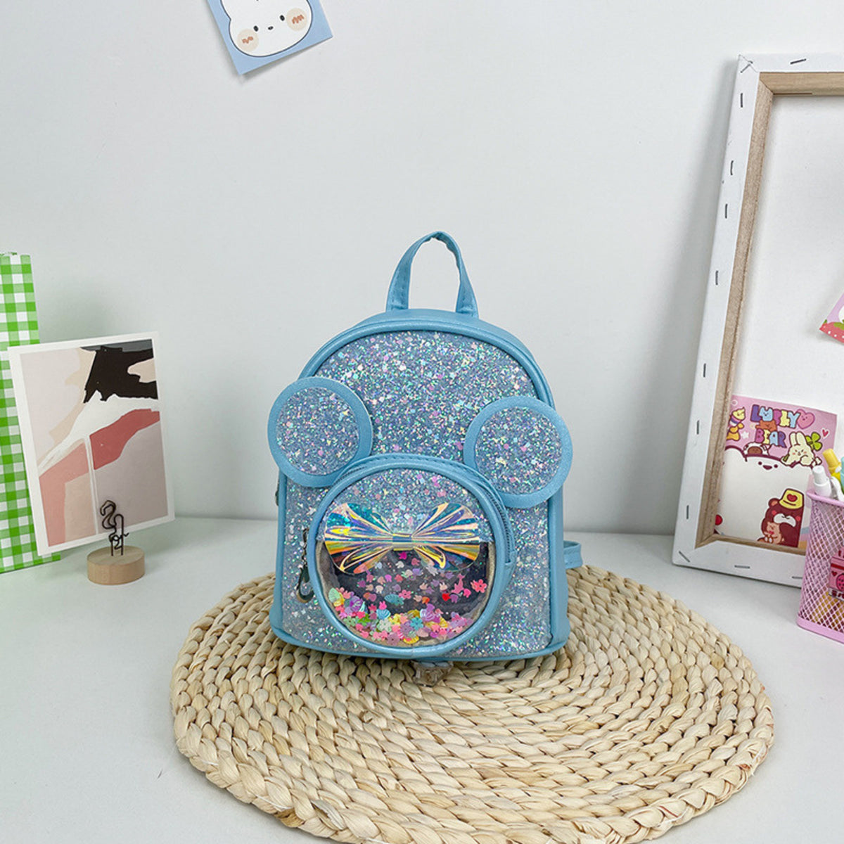Detský batoh s flitrami ušami myši modrý 22cm 3l