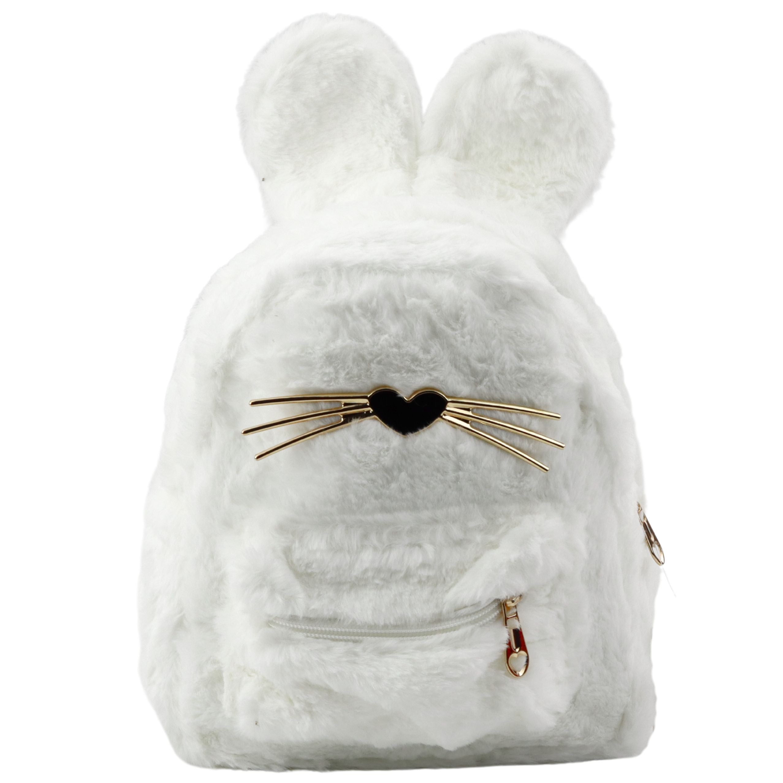 Children's Backpack Furry Plush Rabbit Ears Nose Whiskers White 3l 22cm