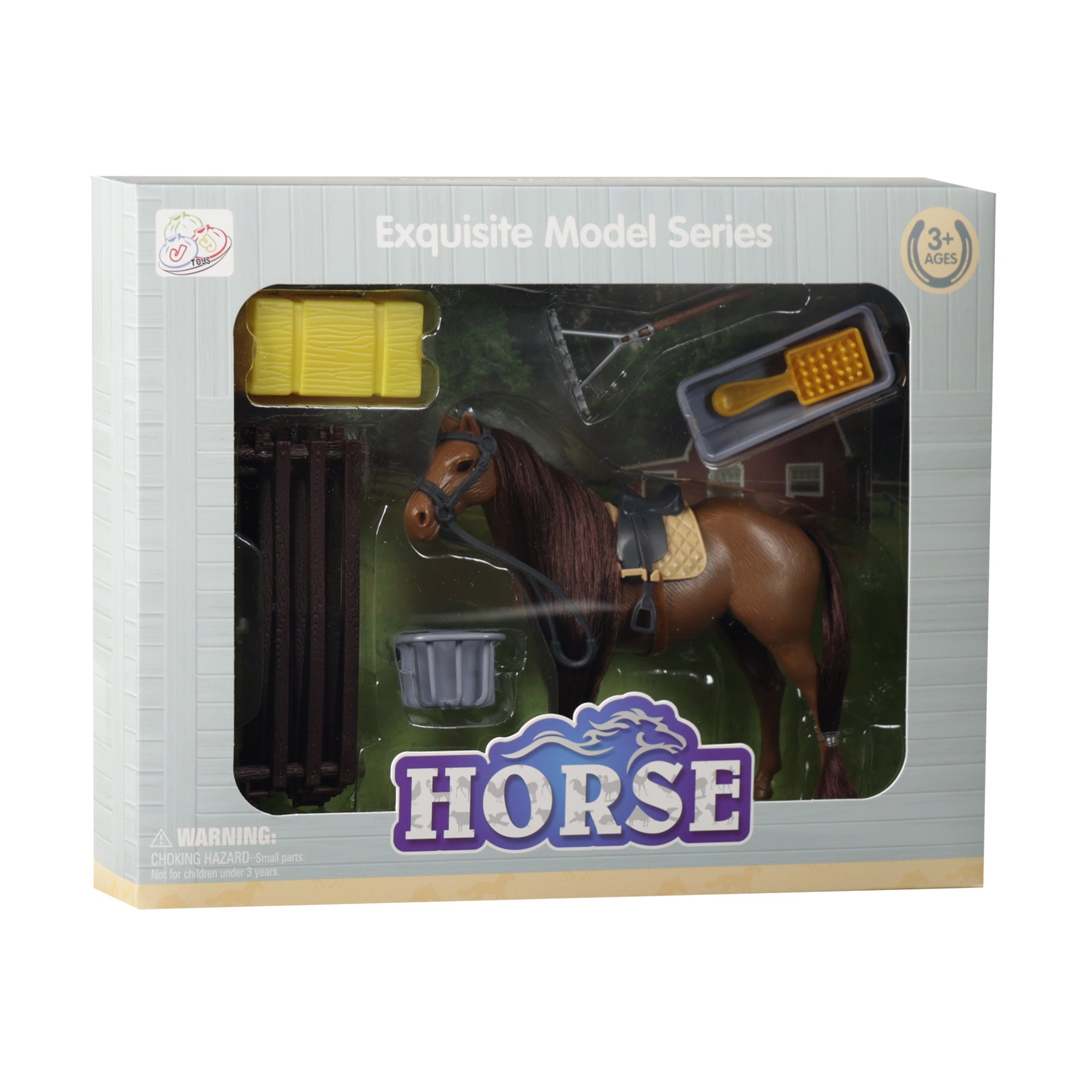 Cavalo de plástico marrom com acessórios