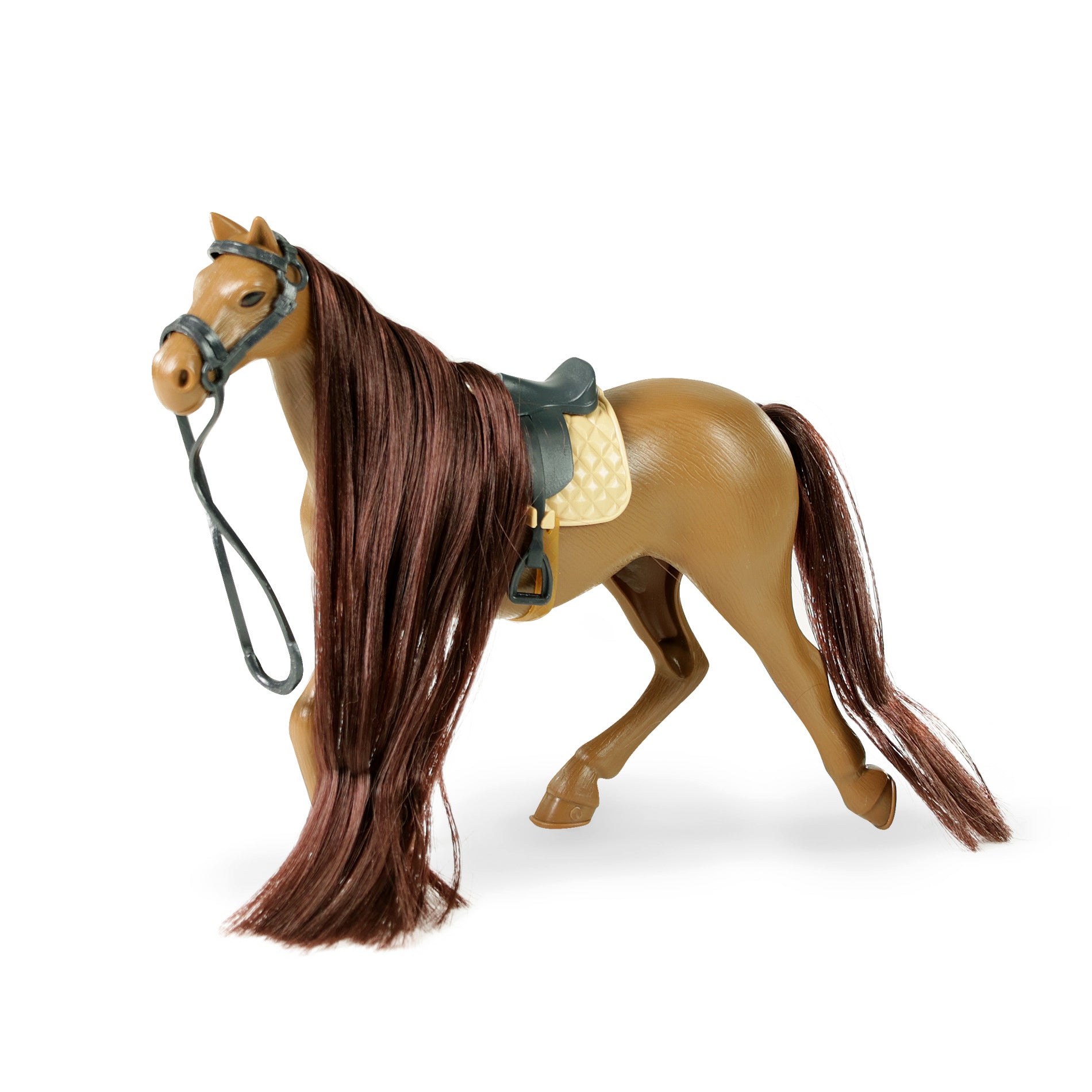 Cavalo de plástico marrom com acessórios