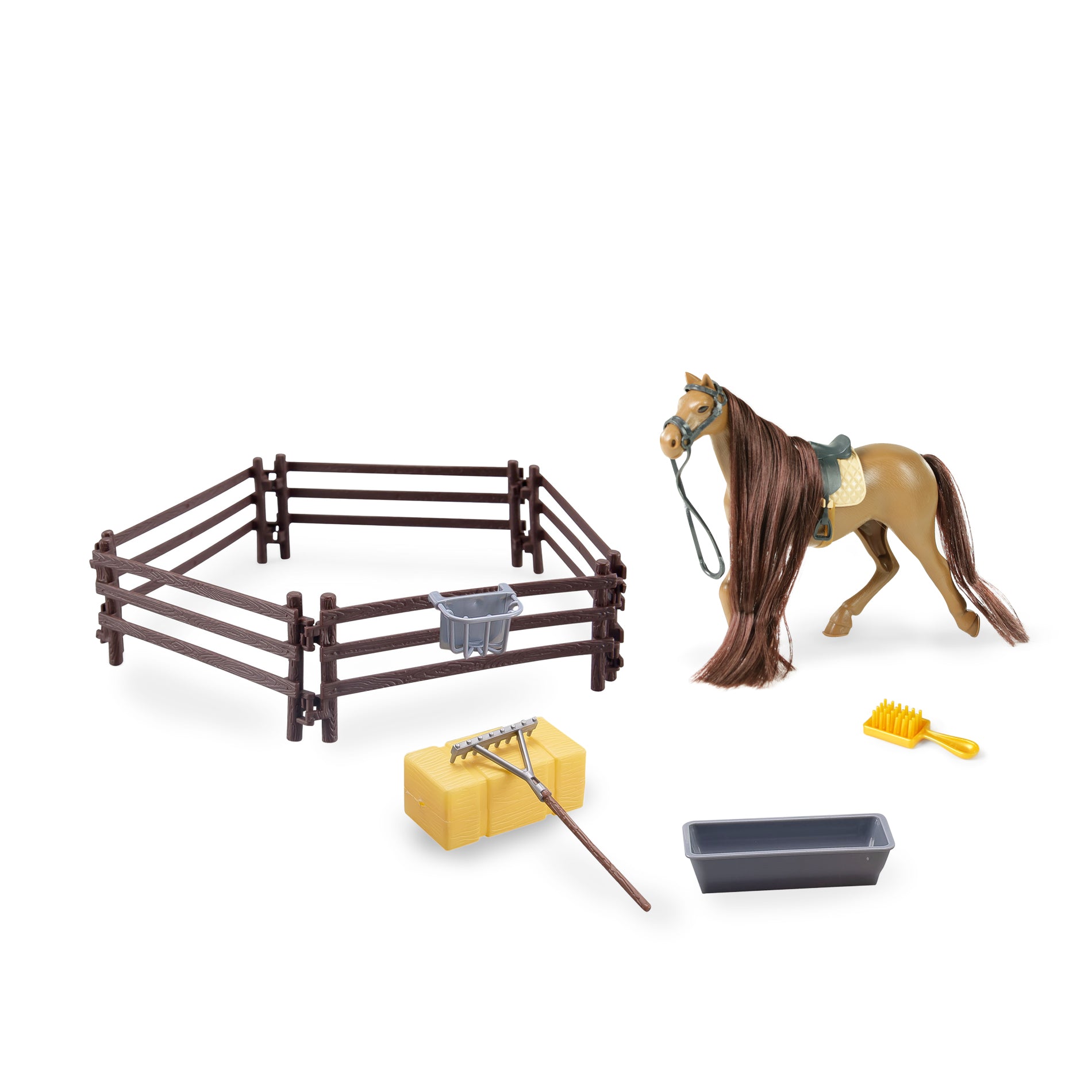 Cavalo de plástico marrom com acessórios