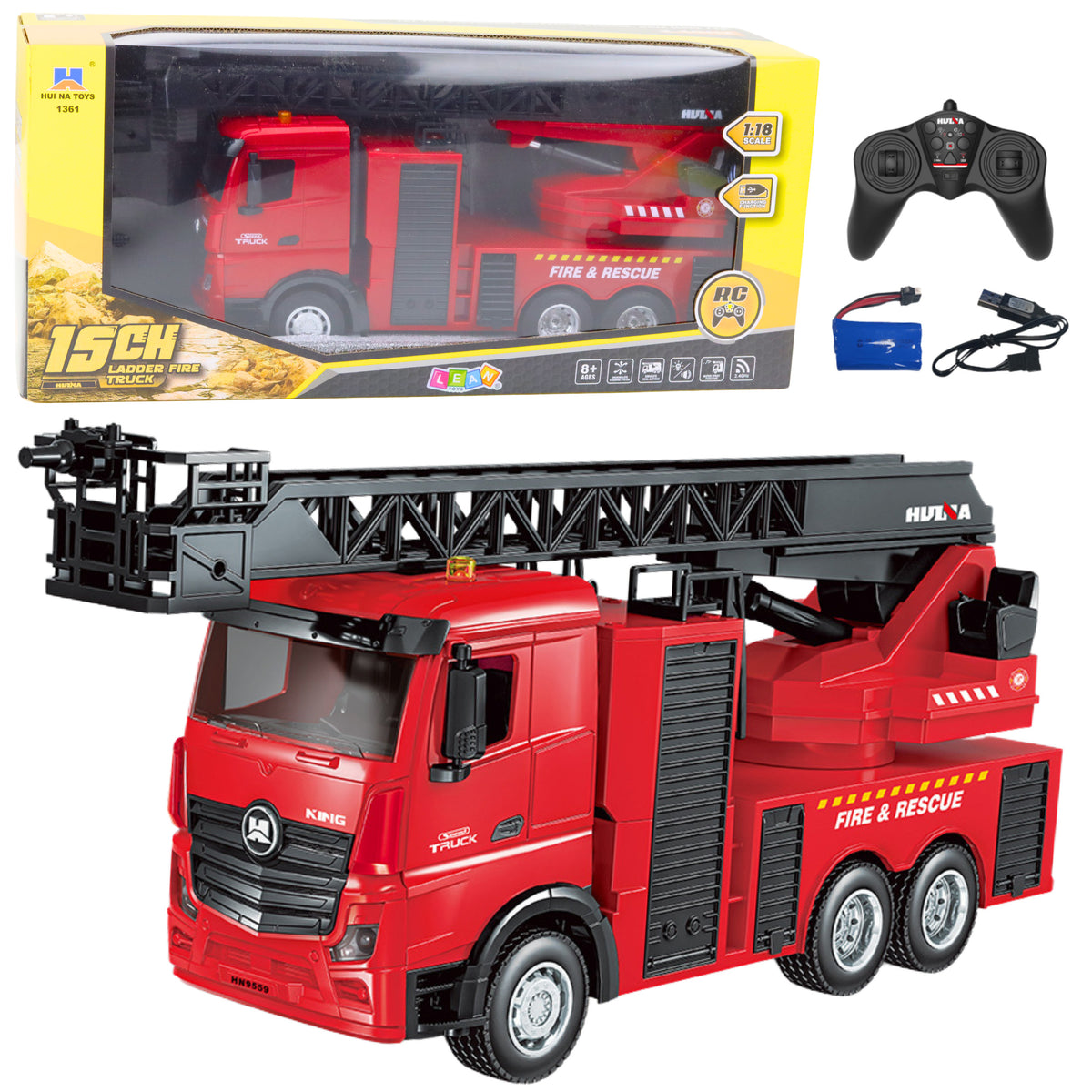 Escada extensível para caminhão de bombeiros spray de água Huina 1:18