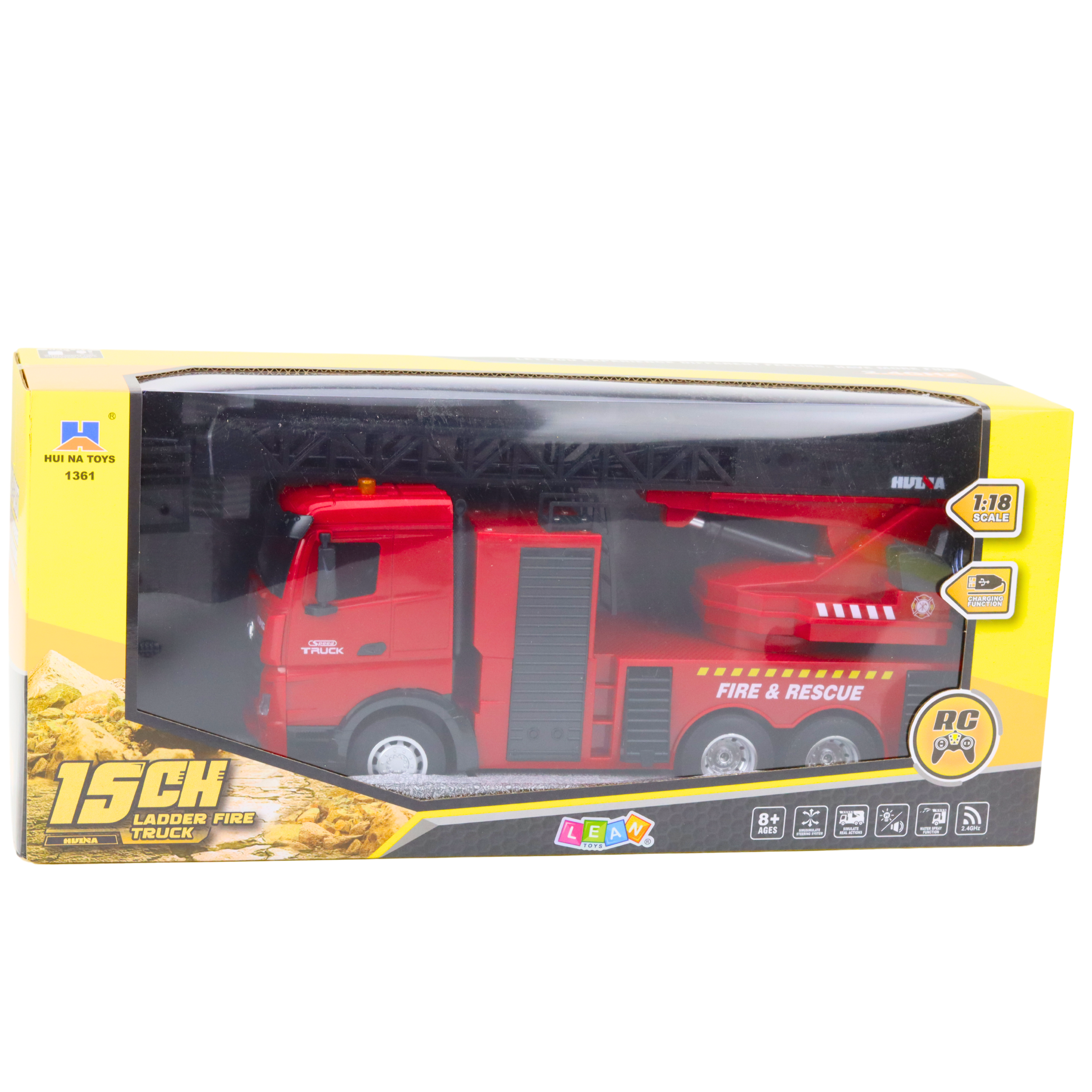 Fire Truck Extendable Ladder Water Spray Huina 1:18