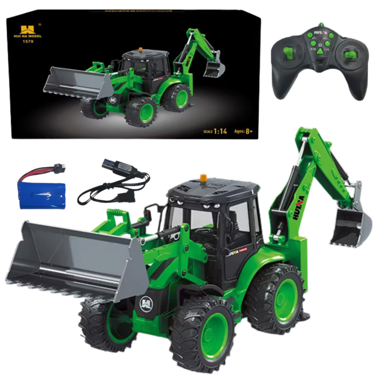 Retroescavadeira de controle remoto Rc luzes som verde Huina 1:14
