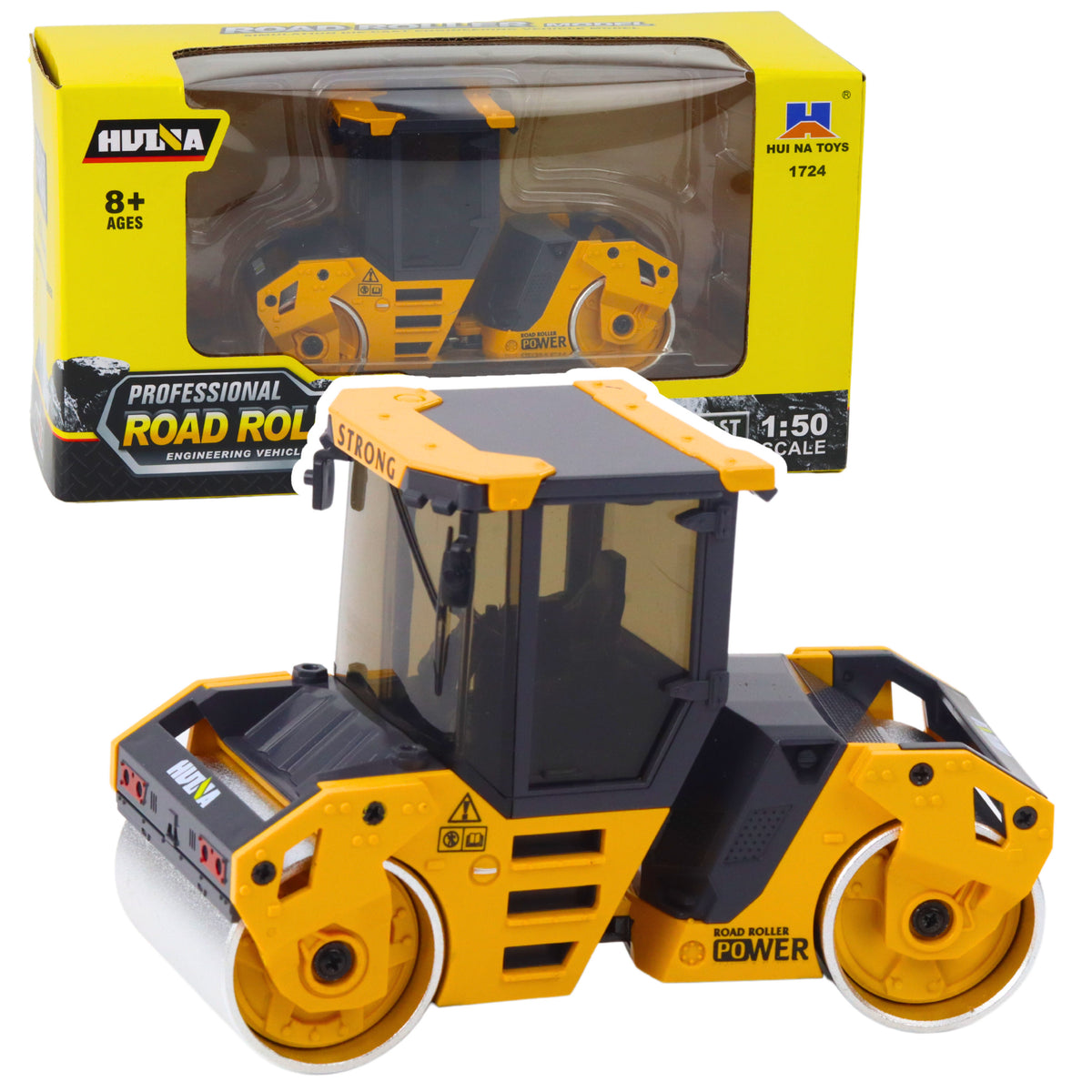 Veículo de construção de metal com rolo compactador Huina Amarelo 1:50