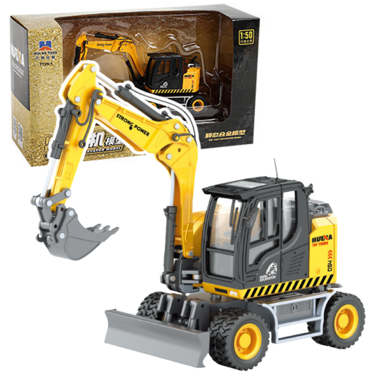 Escavadeira de Rodas com Bulldozer Metal Huina Amarelo 1:50
