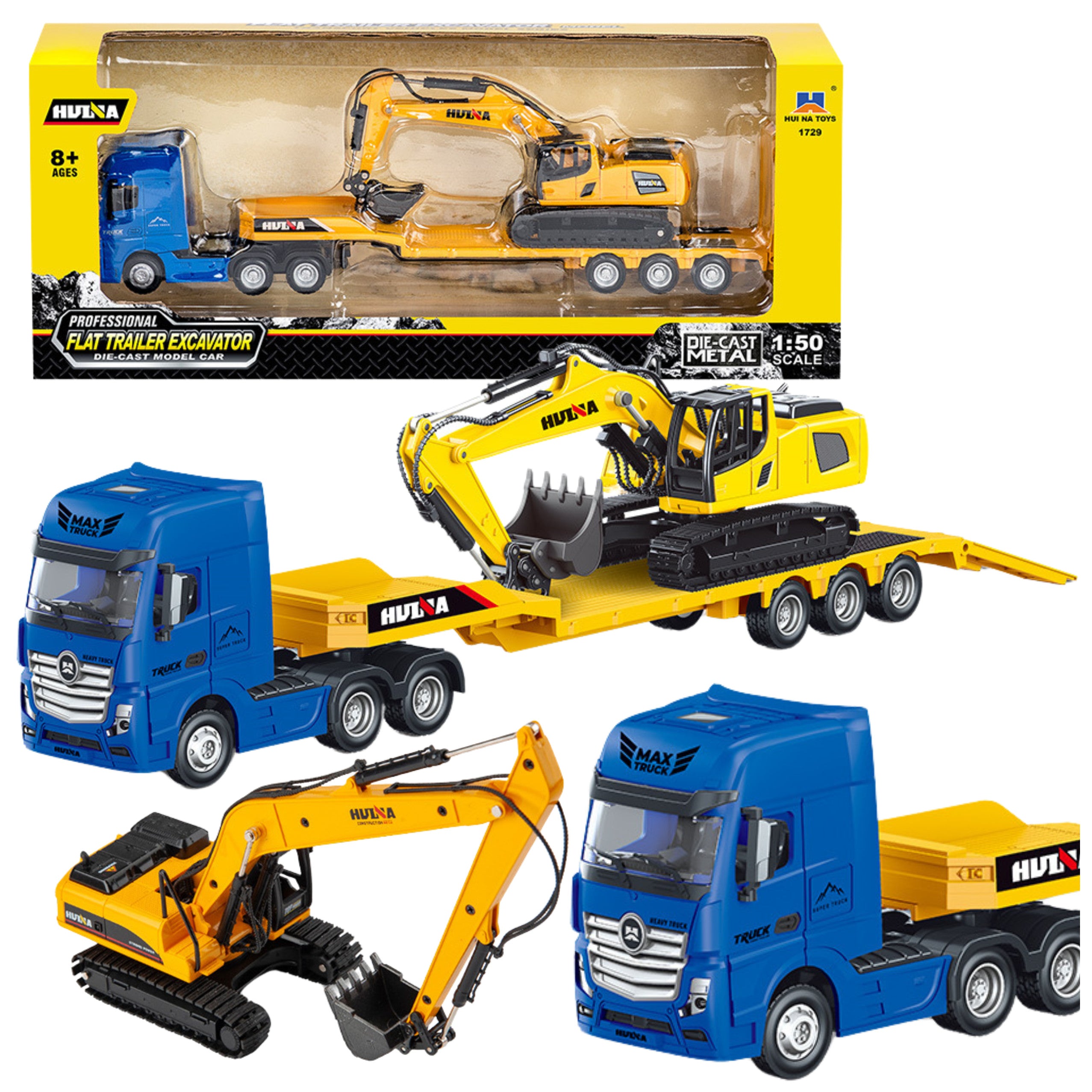 Truck With Trailer Tow Truck Metal Excavator Huina Yellow 1:50