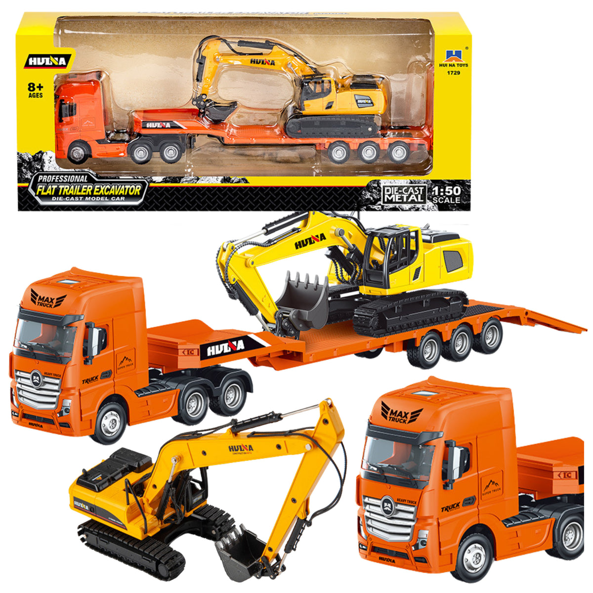 Truck With Trailer Tow Truck Metal Excavator Huina Orange 1:50