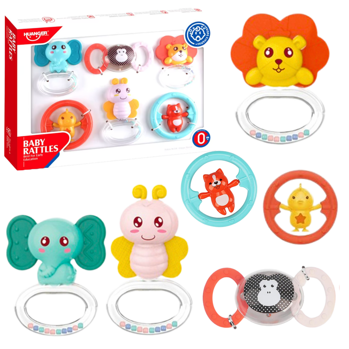 Set Of 6 Baby Rattle Teethers Animals