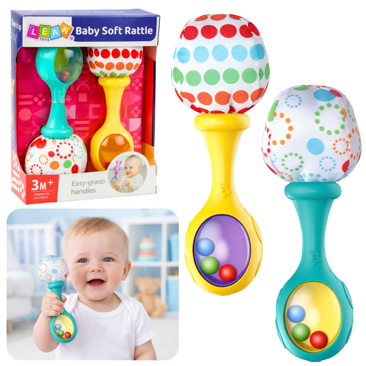Set Of Rattles With Soft Ball Patterns Yellow Green 2pcs