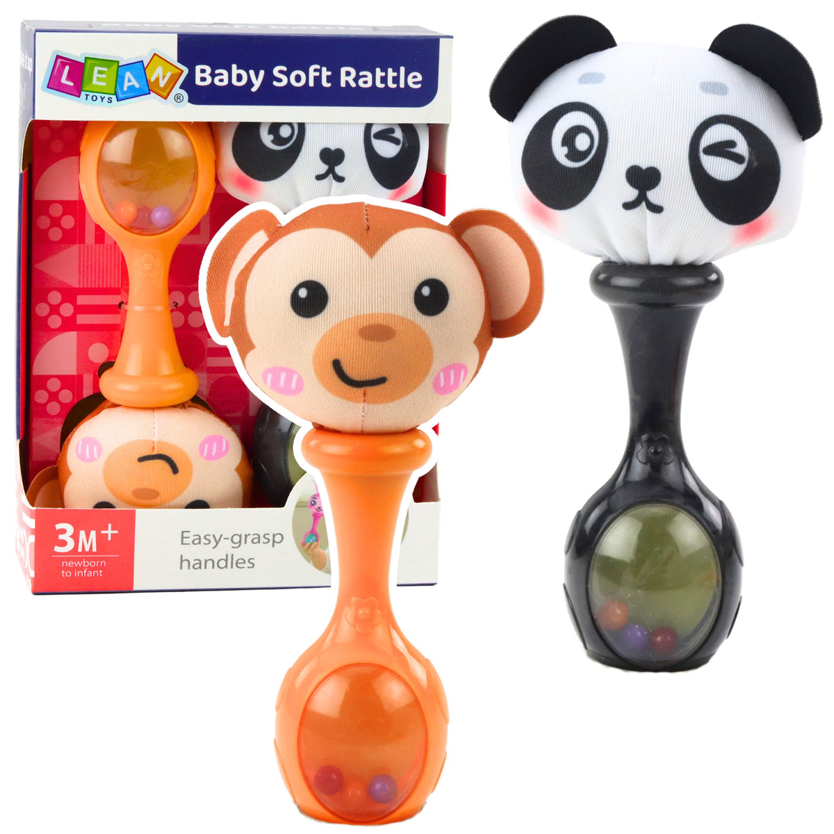 Set Of Rattles With Soft Balls Monkey Panda Patterns 2 Pcs