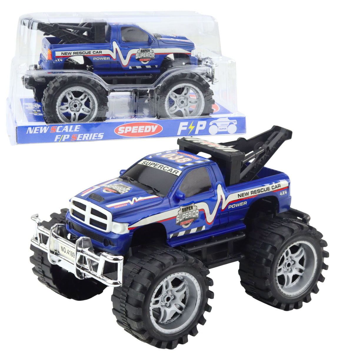 Hátsókerék-hajtású terepjáró mentőjármű vonóhoroggal, kék 27cm