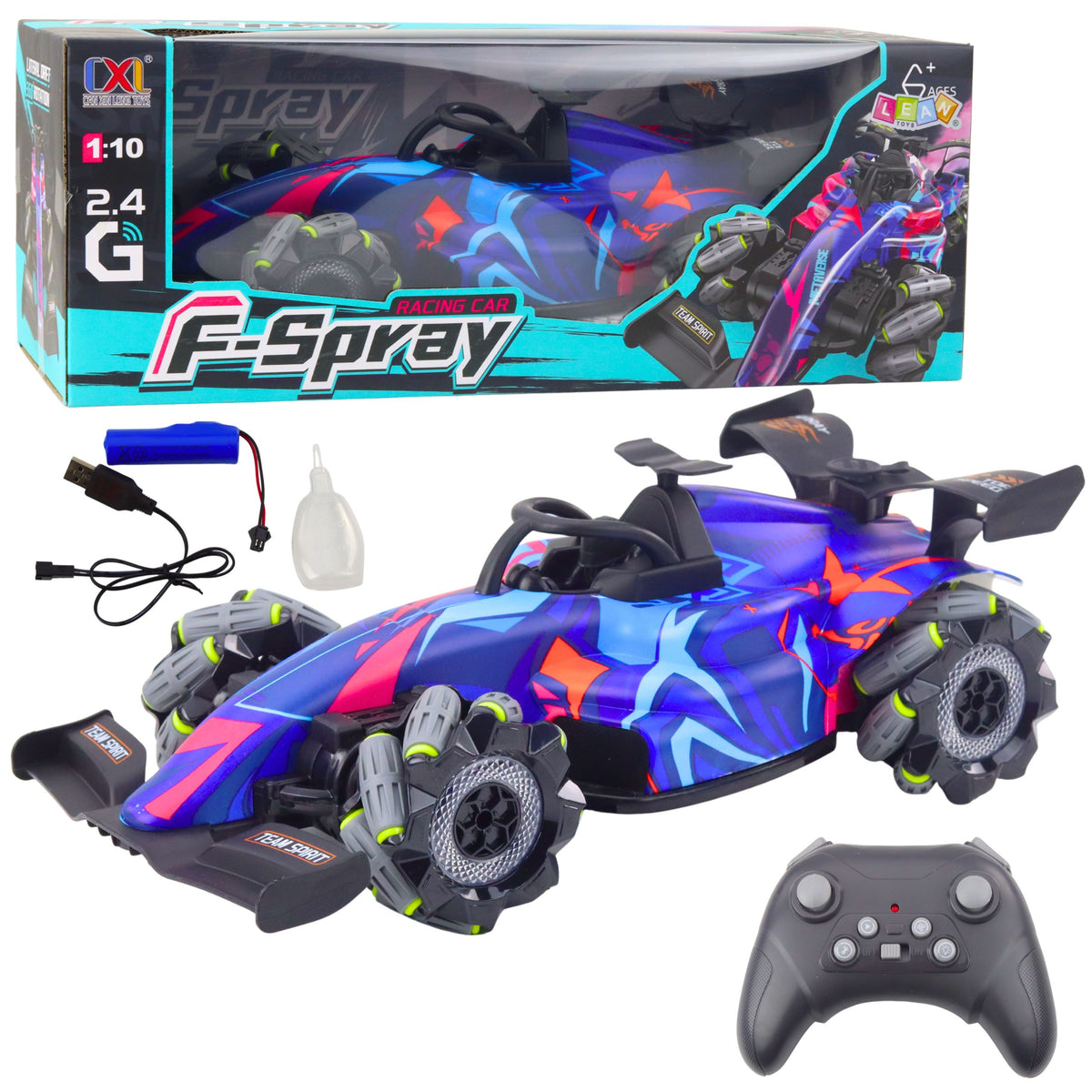 Rc Remote Controlled Racer 1:10 Lights Sounds Water Steam Blue