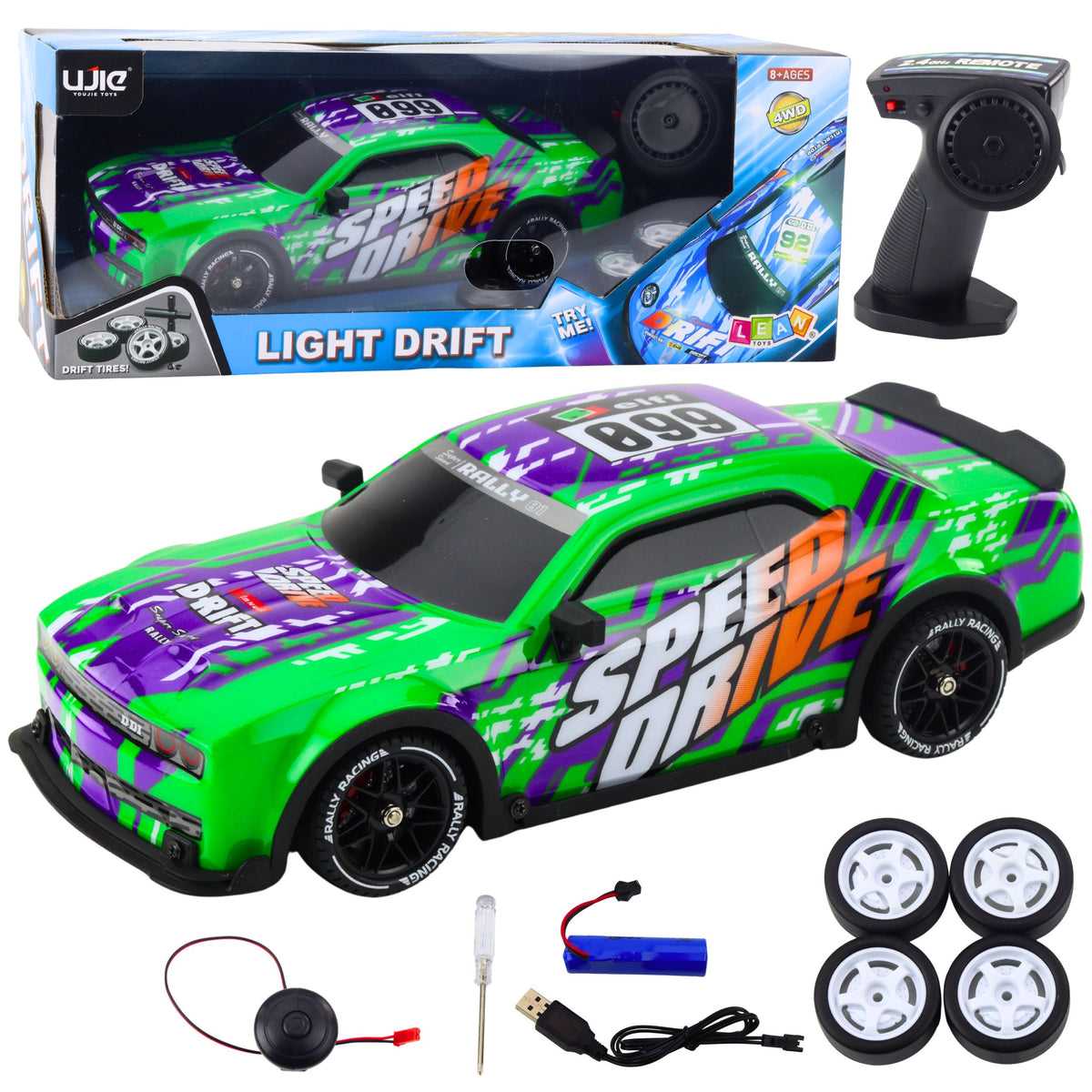 Rc Remote Control Sports Car Illuminated Drift Body Green