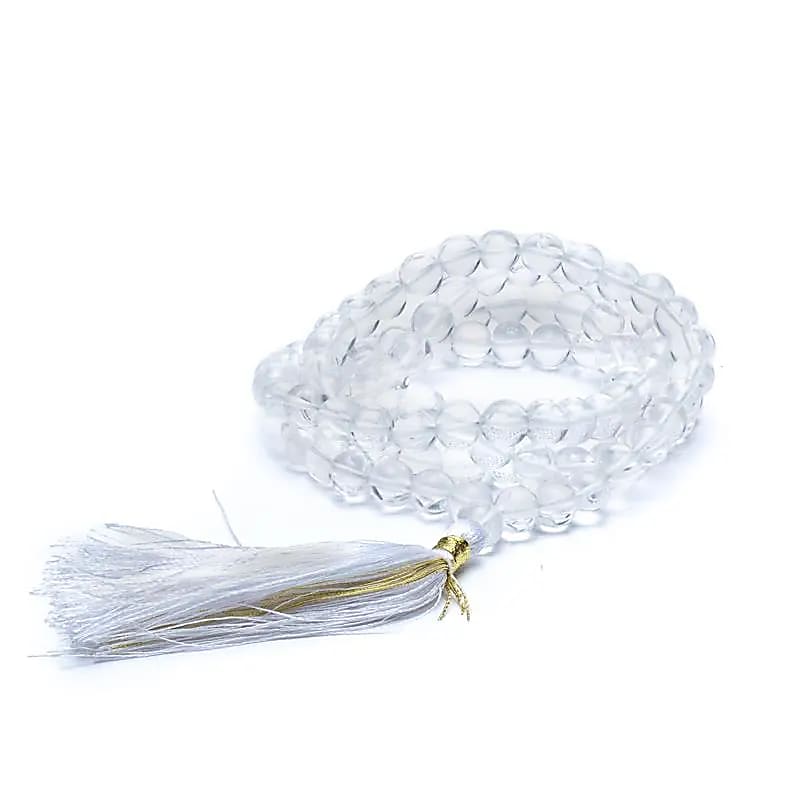 Mala Rock Crystal White Tassel 108 Beads + Bag - 0.8 Cm