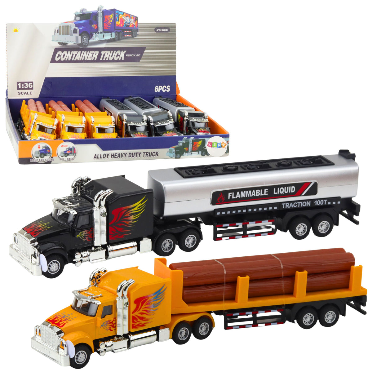 Tank Truck Timber Transport Pull-back Drive Lights Sounds 1:36