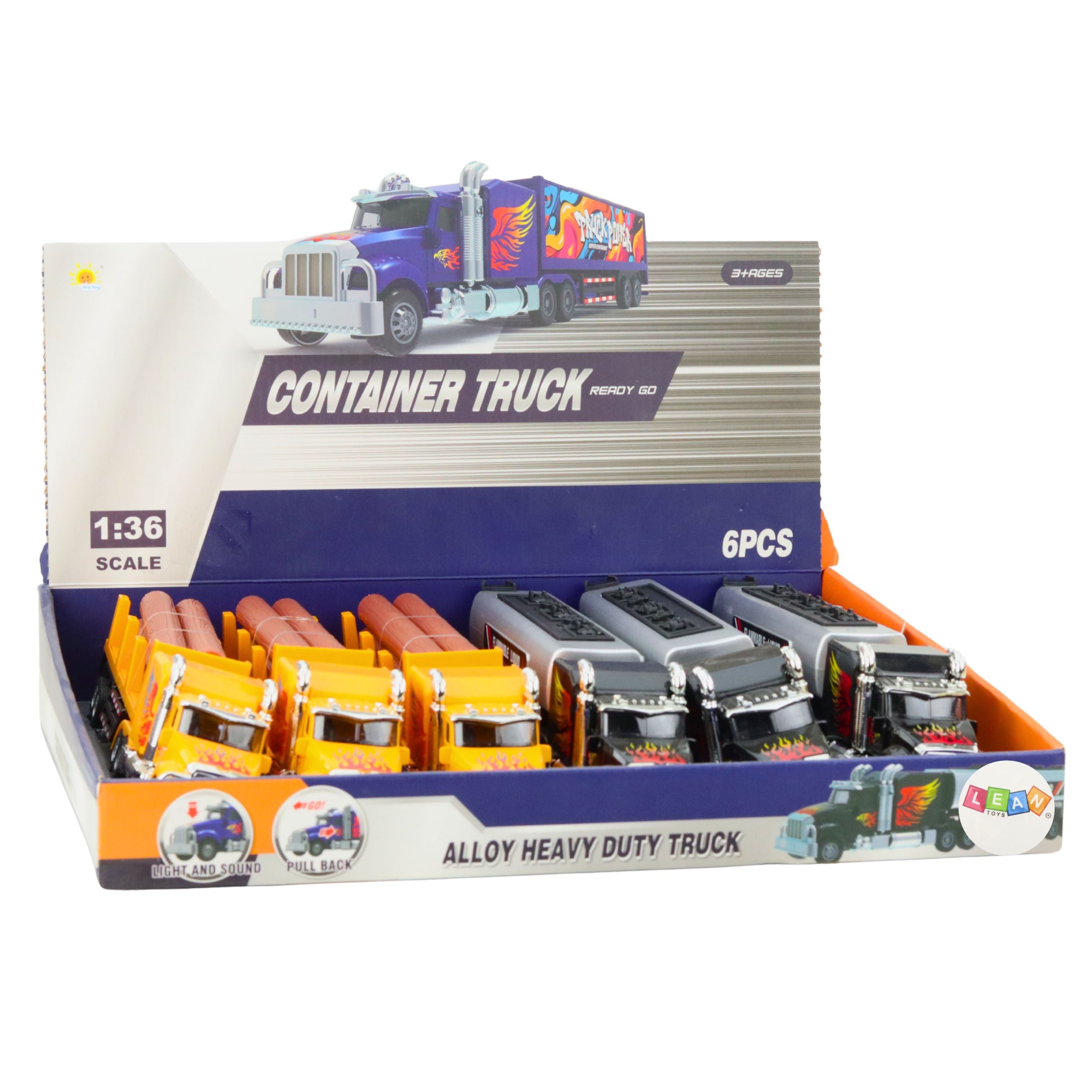 Tank Truck Timber Transport Pull-back Drive Lights Sounds 1:36