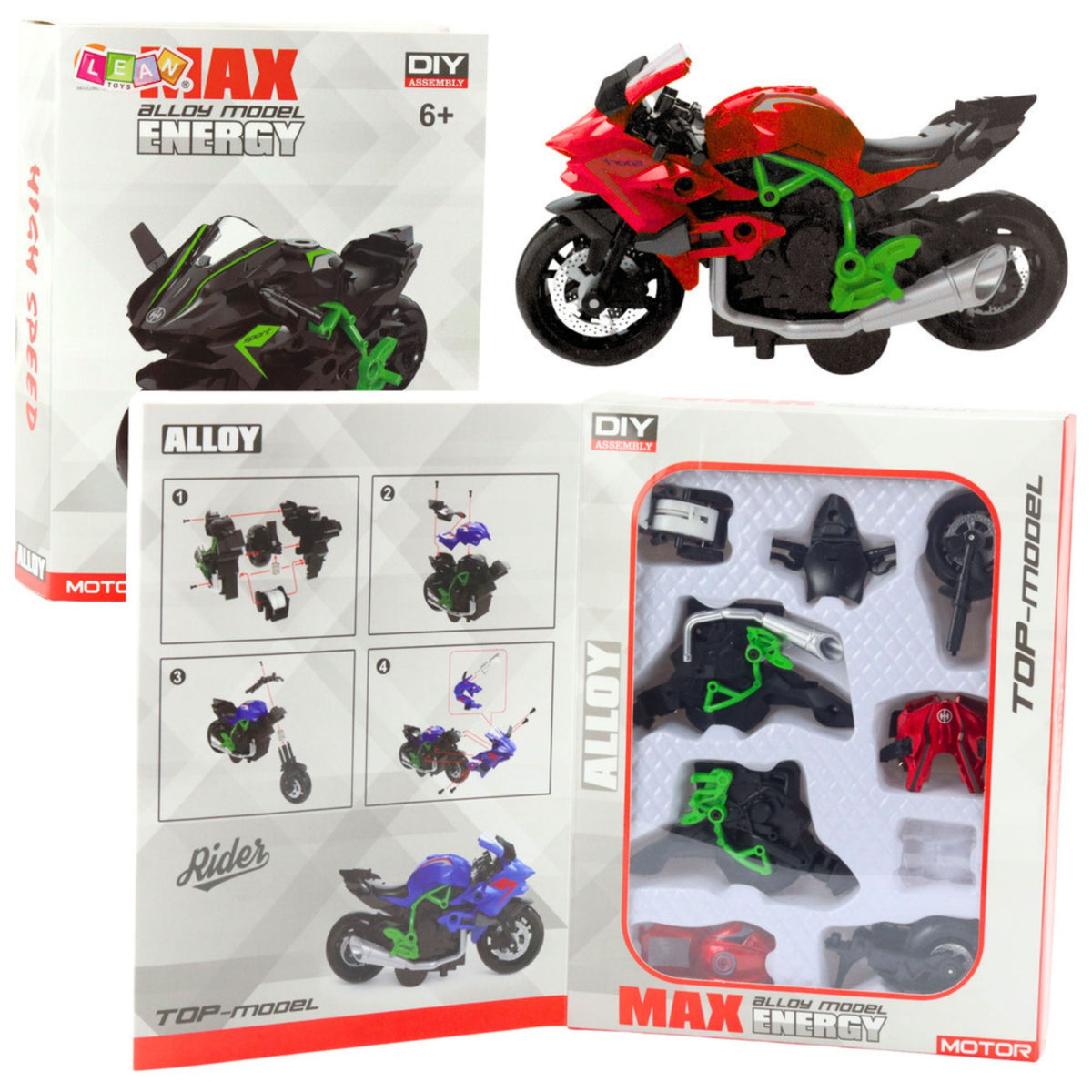 Motorcycle To Assemble Screw Metal 1:14 Diy Green-red