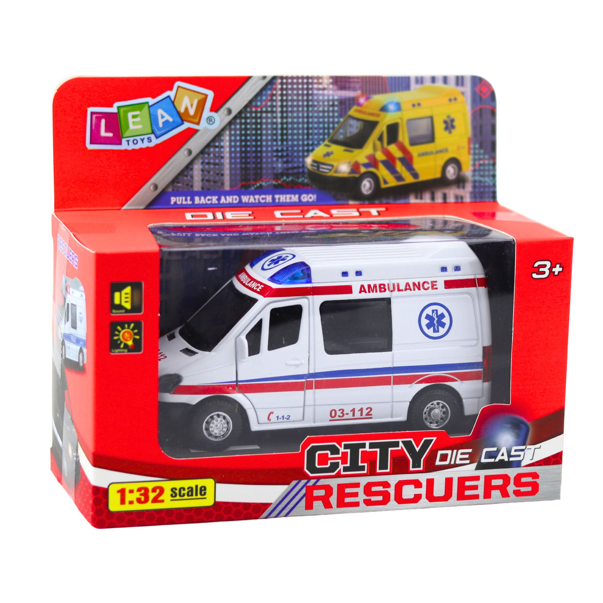 Ambulance Metal Pull Back Motorized Lights Sounds White 1:32