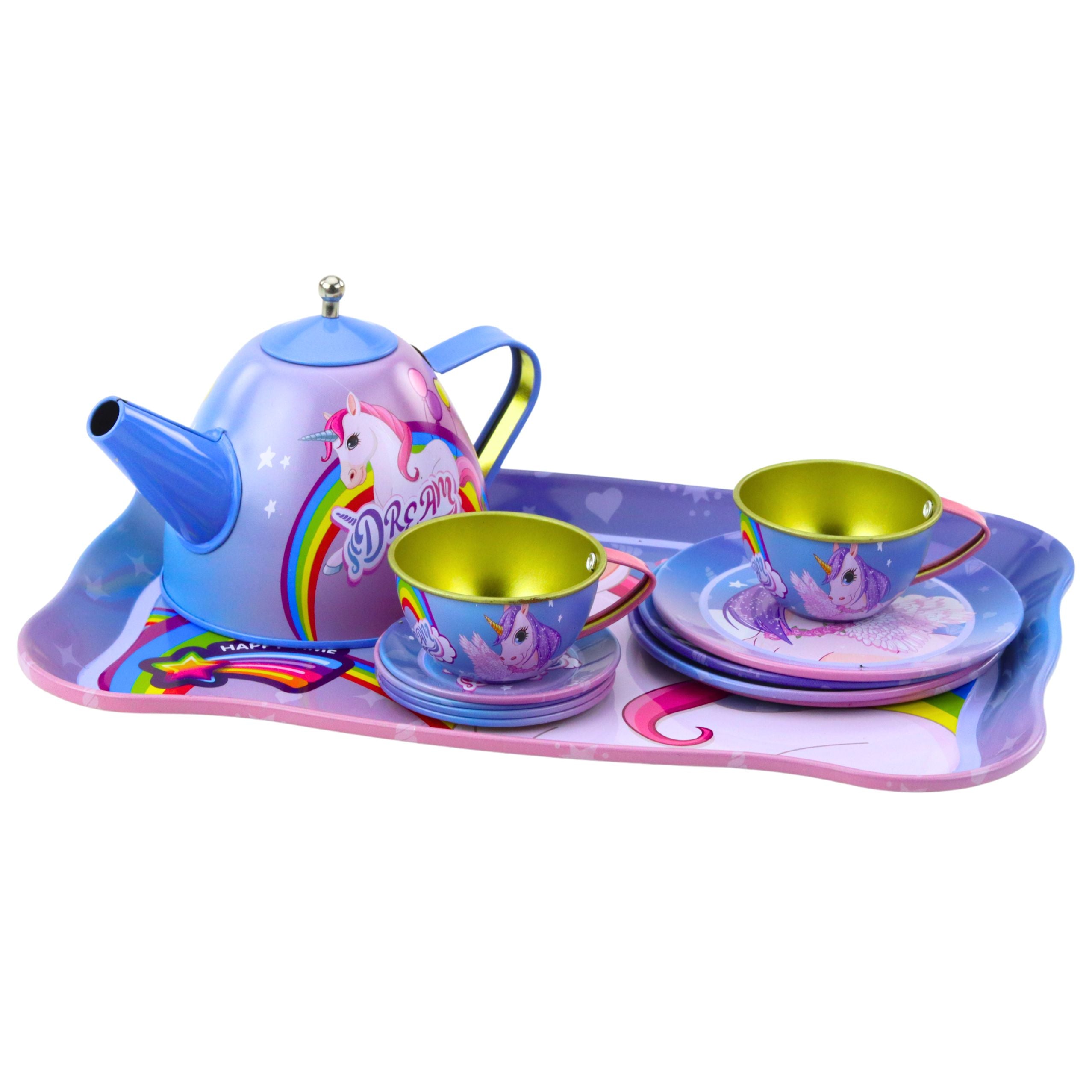 Children's Metal Tea Set With Cups Teapot And Tray Unicorn