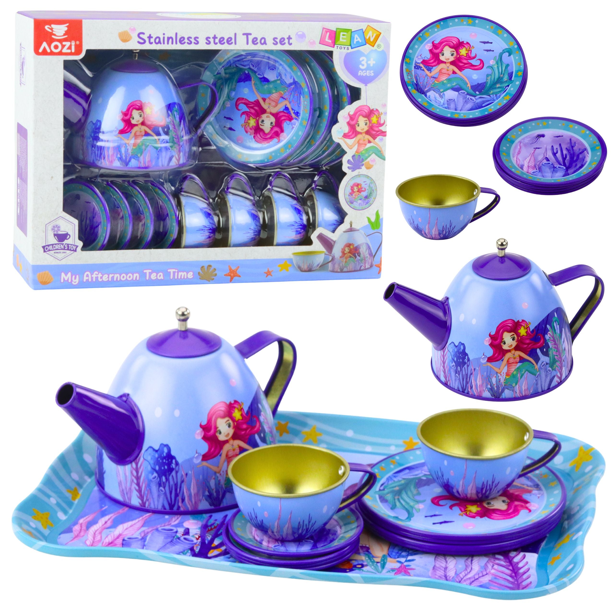 Children's Metal Tea Set With Cups Kettle And Tray Mermaid