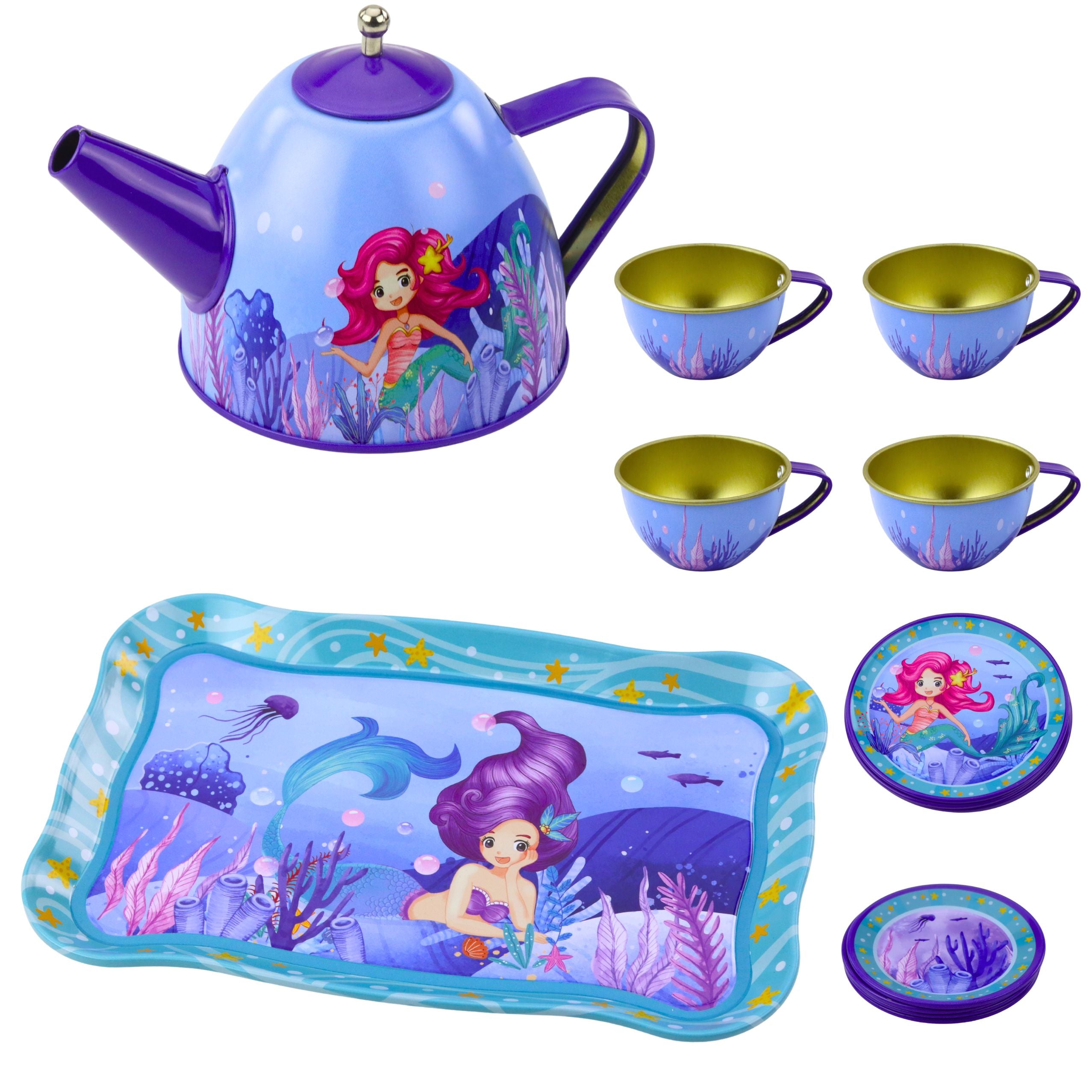 Children's Metal Tea Set With Cups Kettle And Tray Mermaid