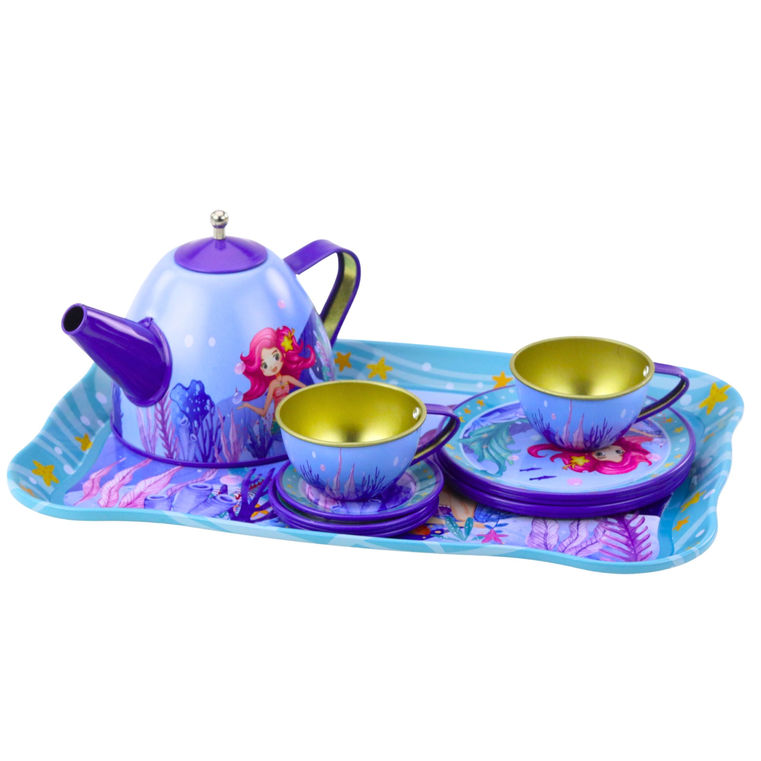 Children's Metal Tea Set With Cups Kettle And Tray Mermaid