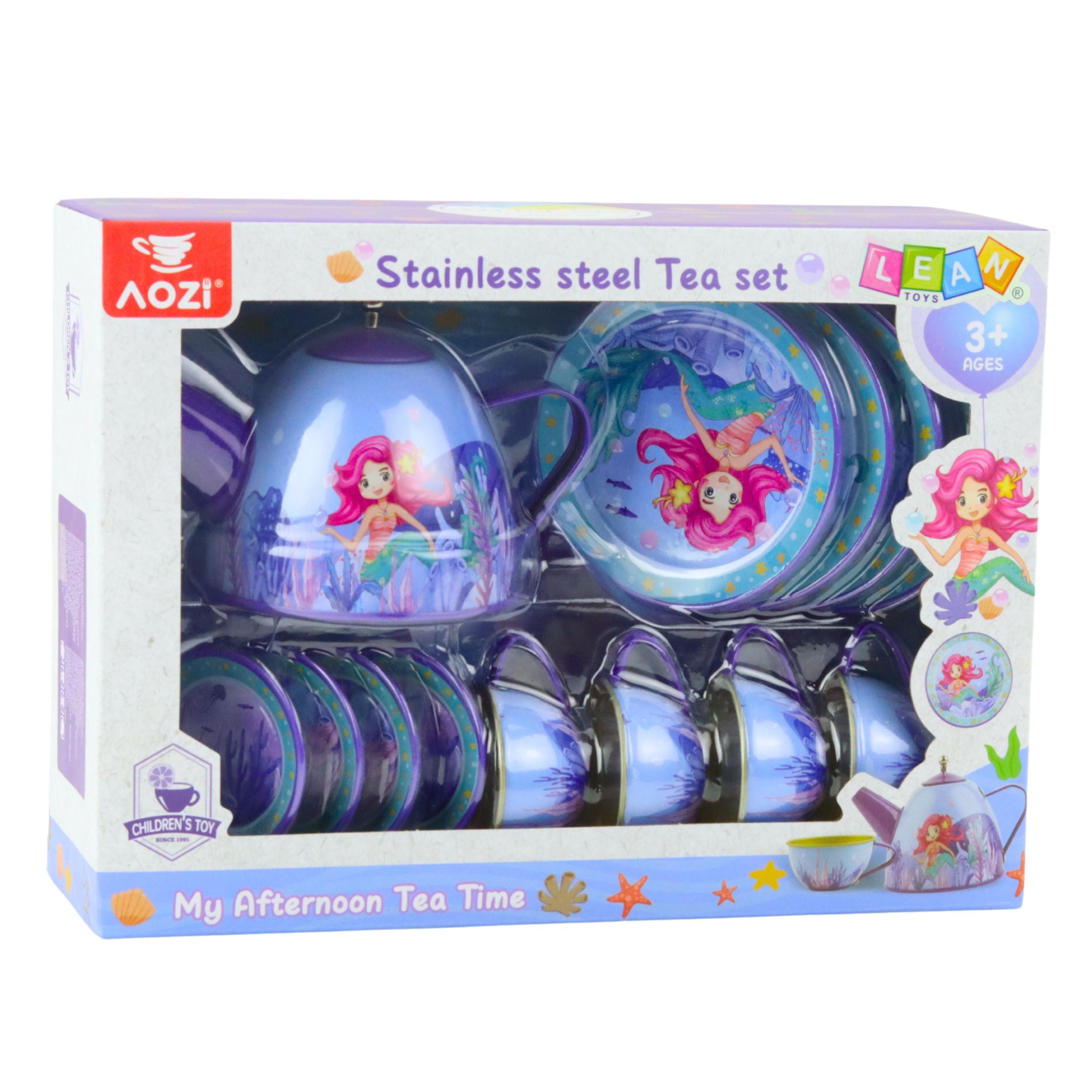 Children's Metal Tea Set With Cups Kettle And Tray Mermaid