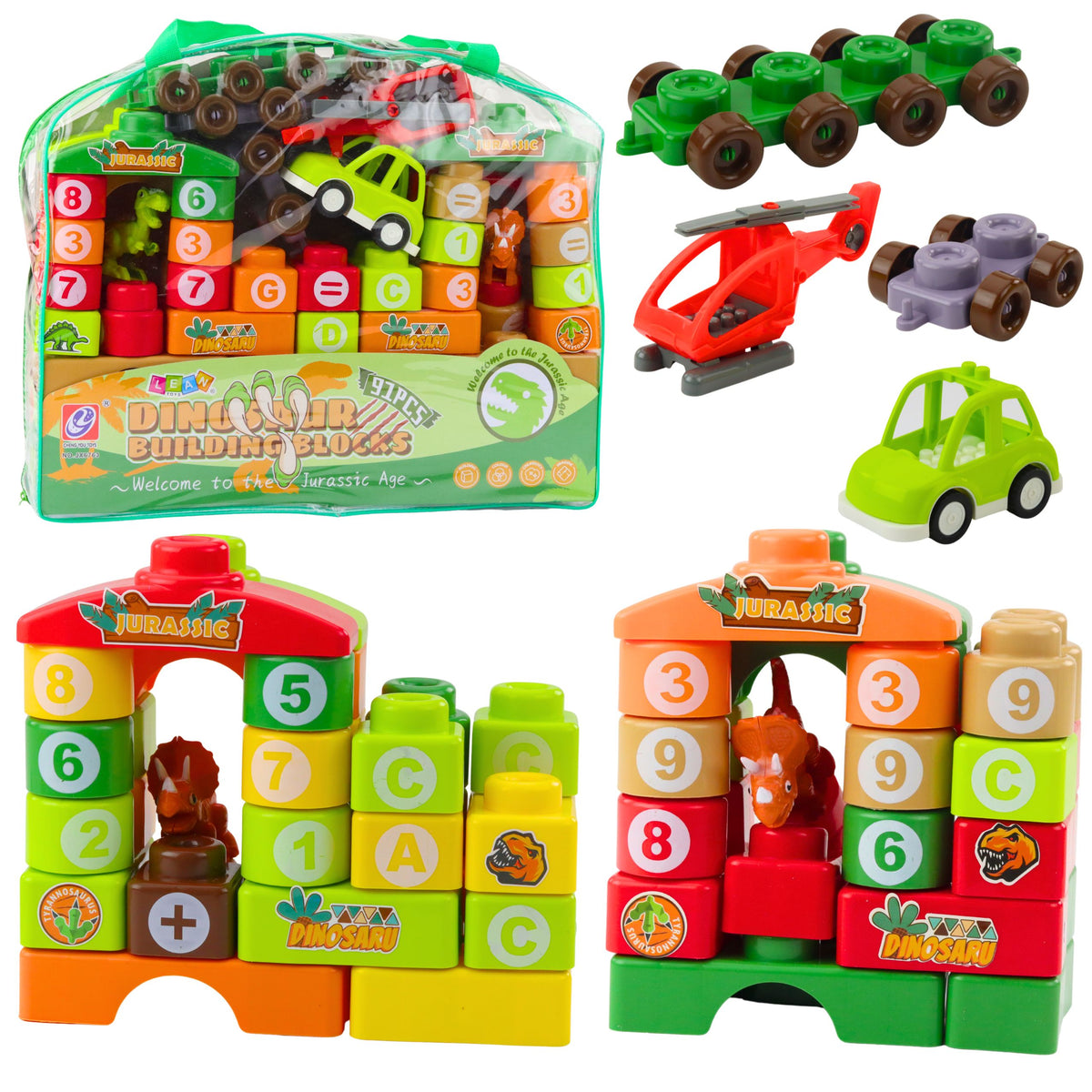 Educational Construction Blocks In A Bag Dinosaurs Numbers Letters 91 Pcs.