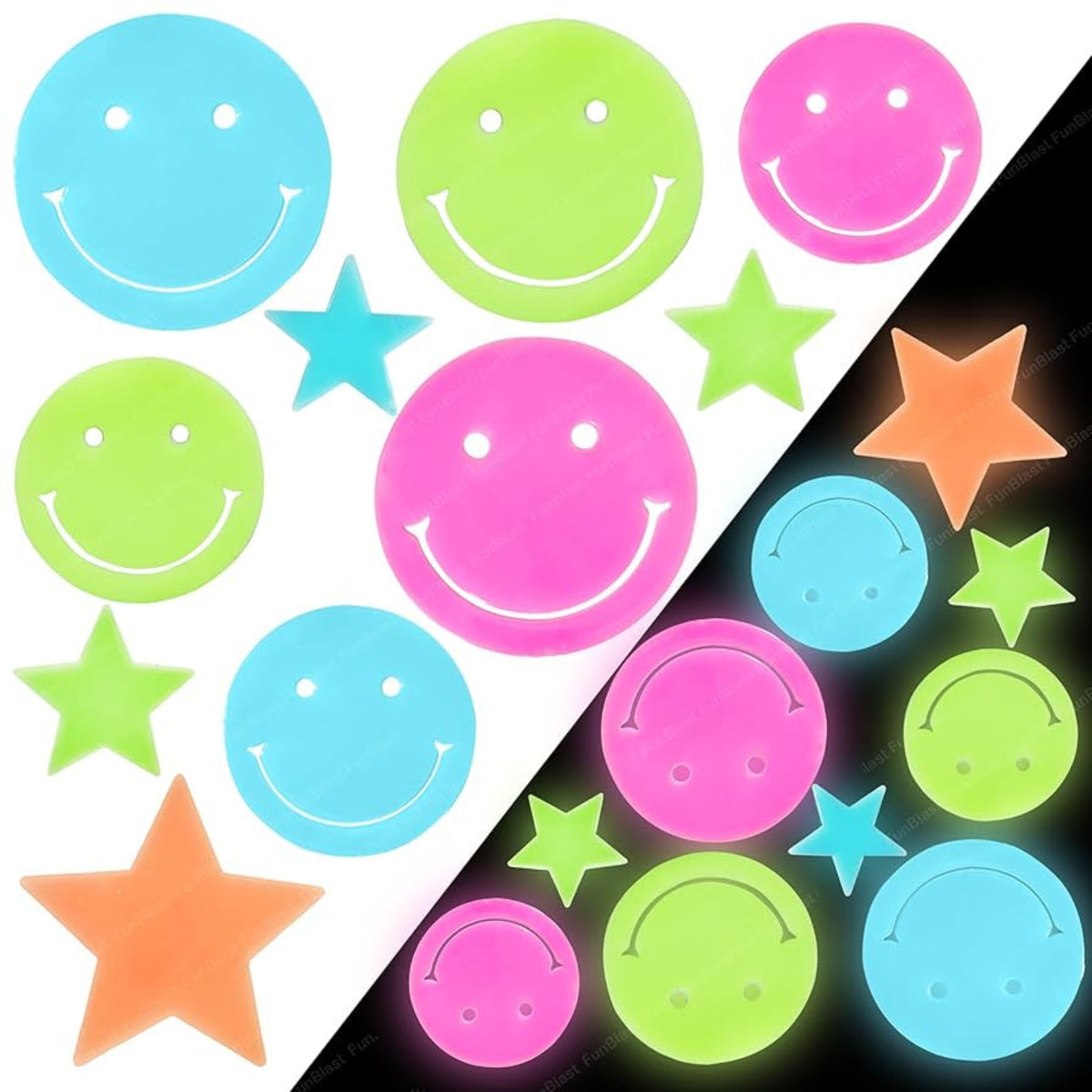 Fluorescent Luminous Wall Stickers Smiley Faces Stars Colorful 10 Pcs.