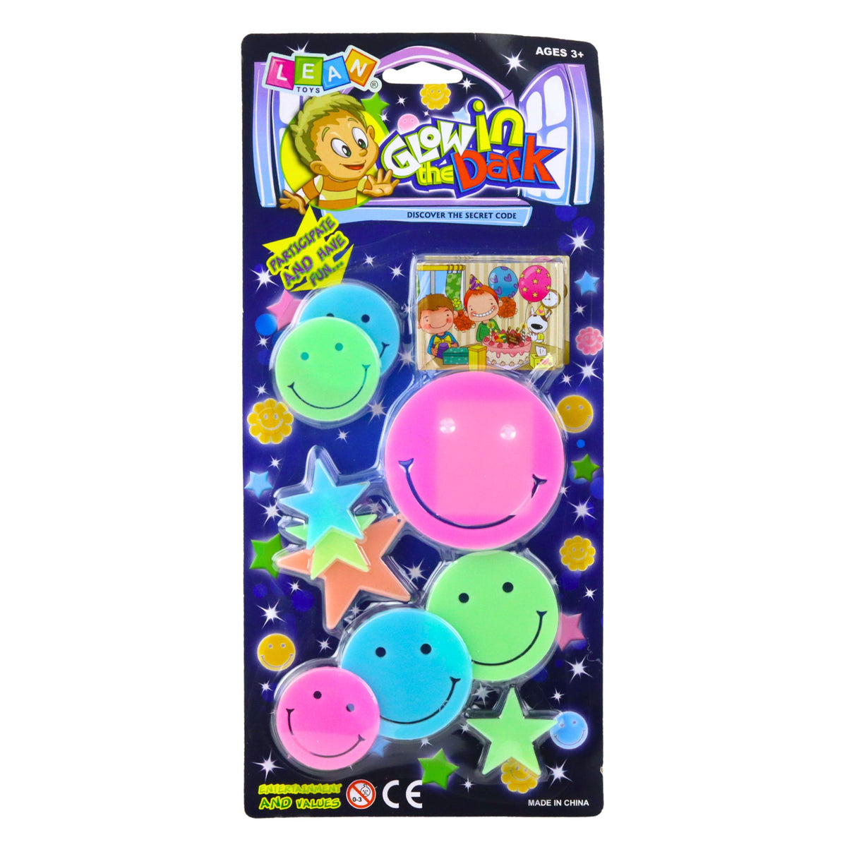 Fluorescent Luminous Wall Stickers Smiley Faces Stars Colorful 10 Pcs.