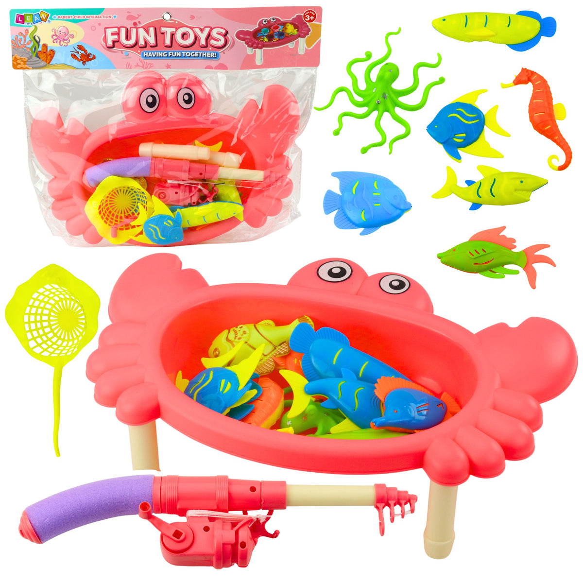 Fishing Set: Crab Table 10 Fish Fishing Rod Strainer Pink