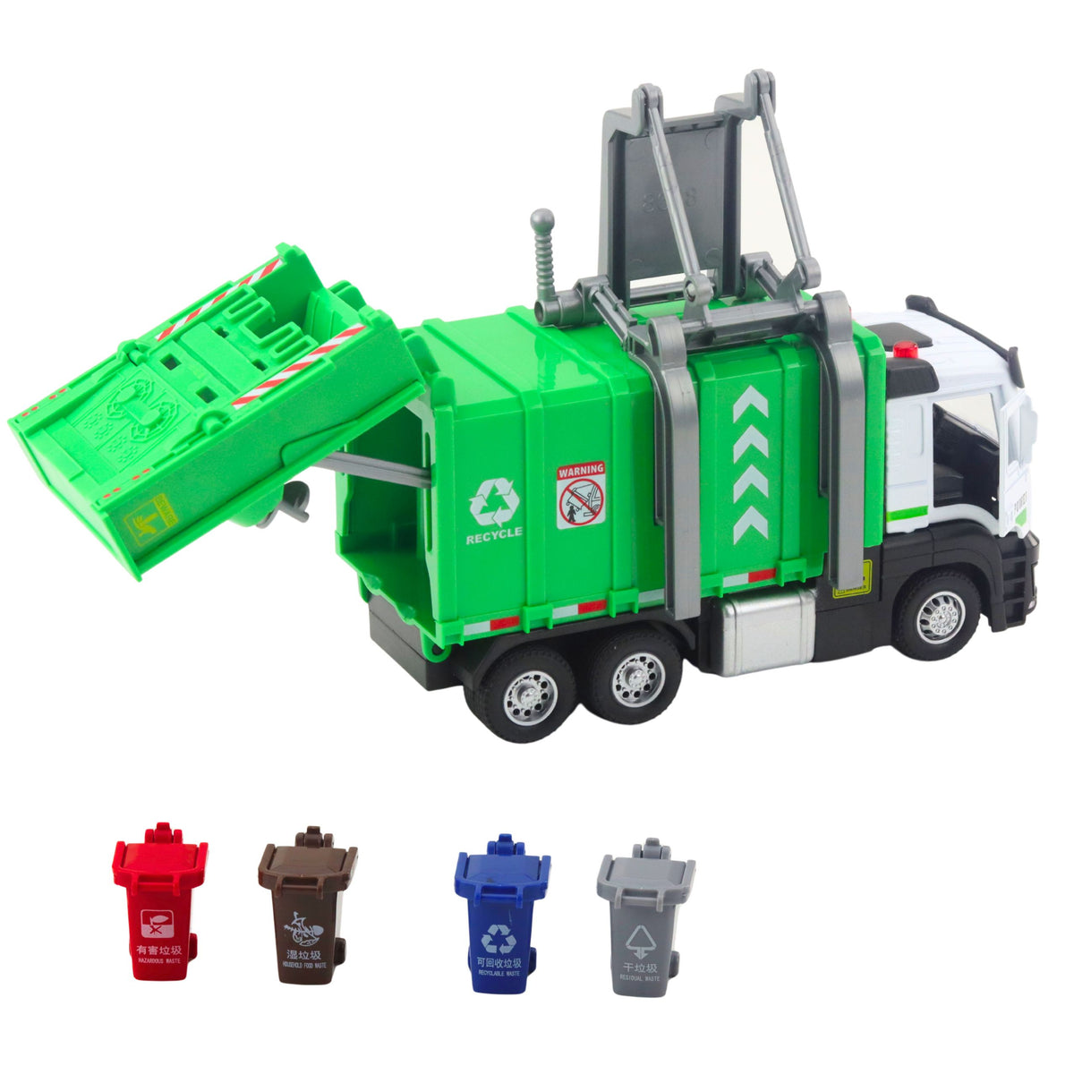 Garbage Truck With Motor 4 Garbage Bins Lights Sounds Green
