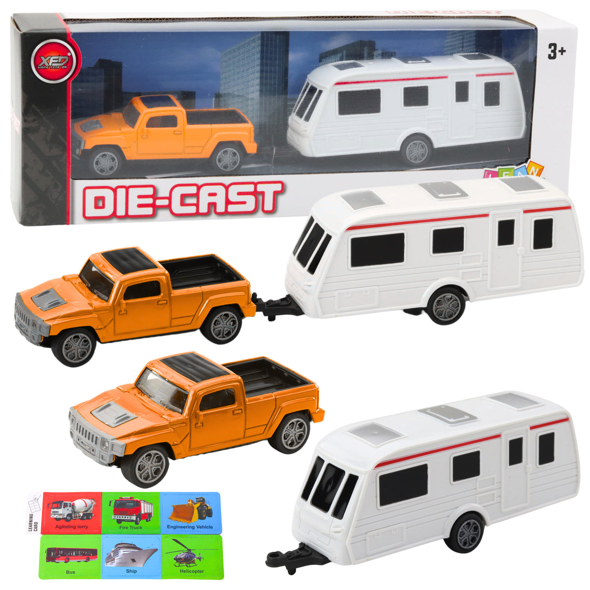 Set Of Metal Car With Camper Trailer Orange