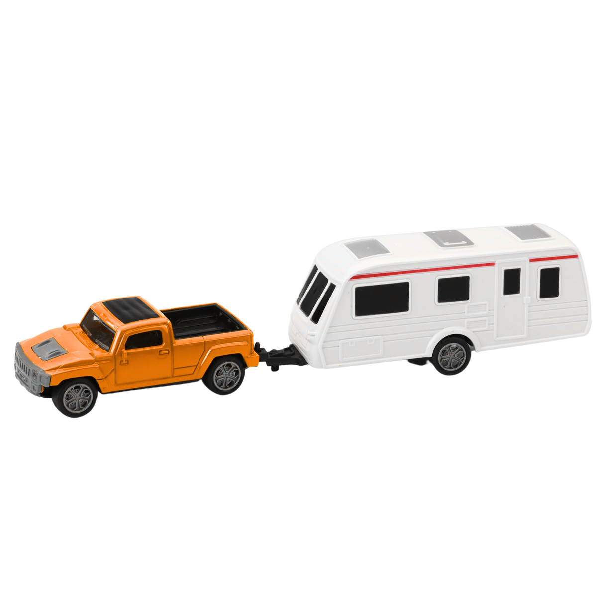 Set Of Metal Car With Camper Trailer Orange