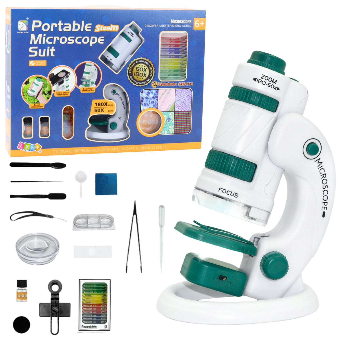 Portable Educational Microscope For Kids 2 In 1 60x/180x Accessories