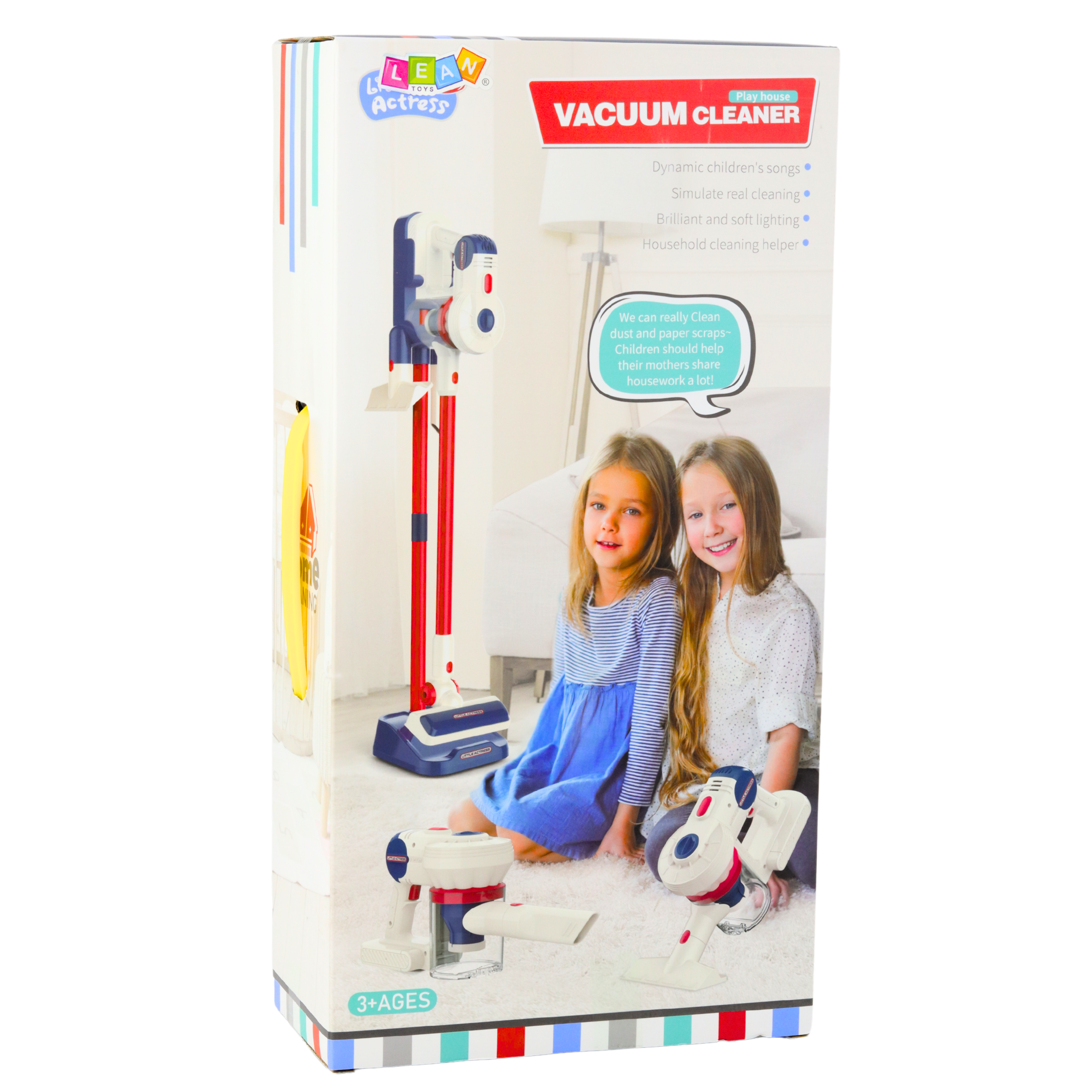 Aspirador de pó ereto para crianças, kit de limpeza, luzes, estação de sons, branco