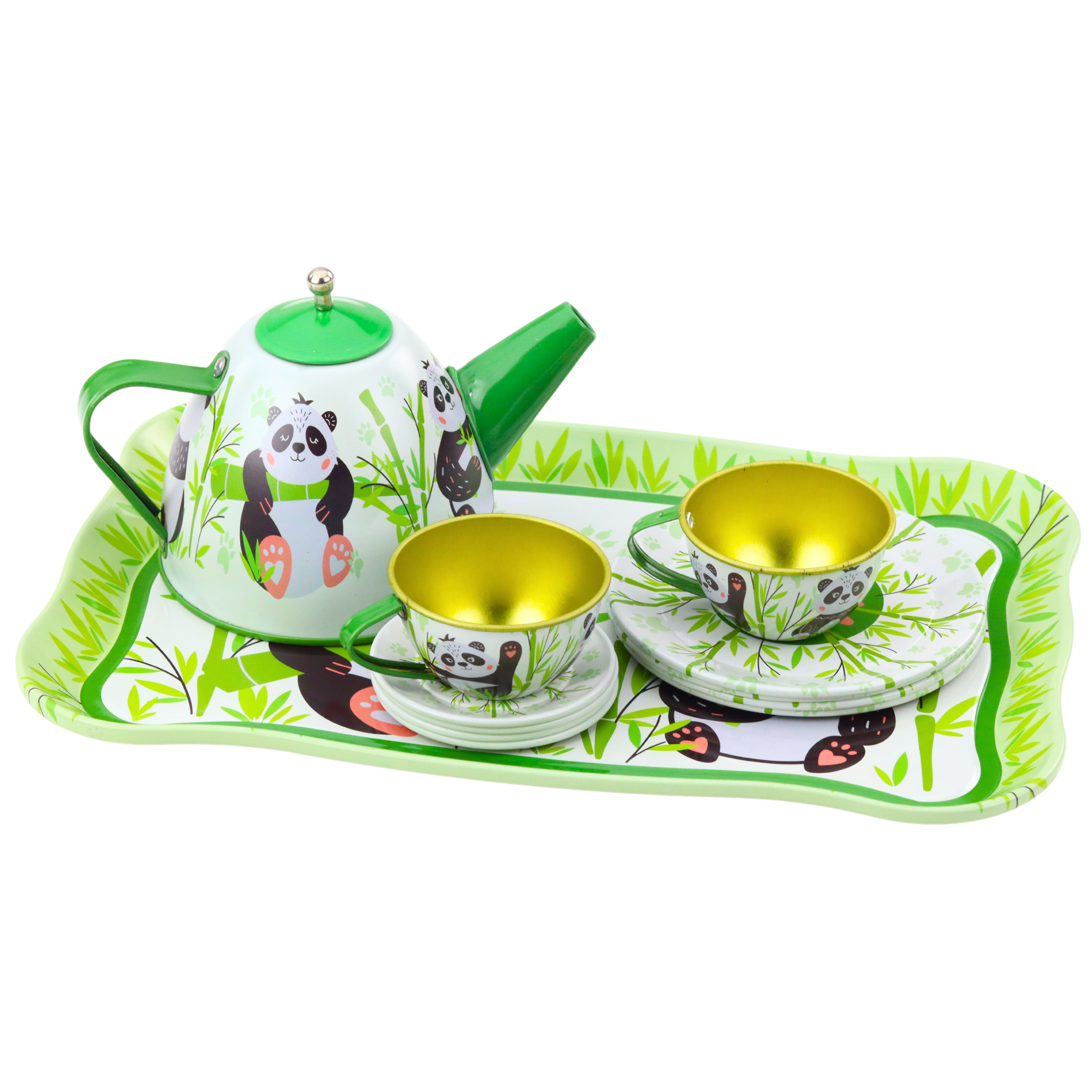 Tea Set Metal Jug Cup Plates Panda Green 14 Pcs