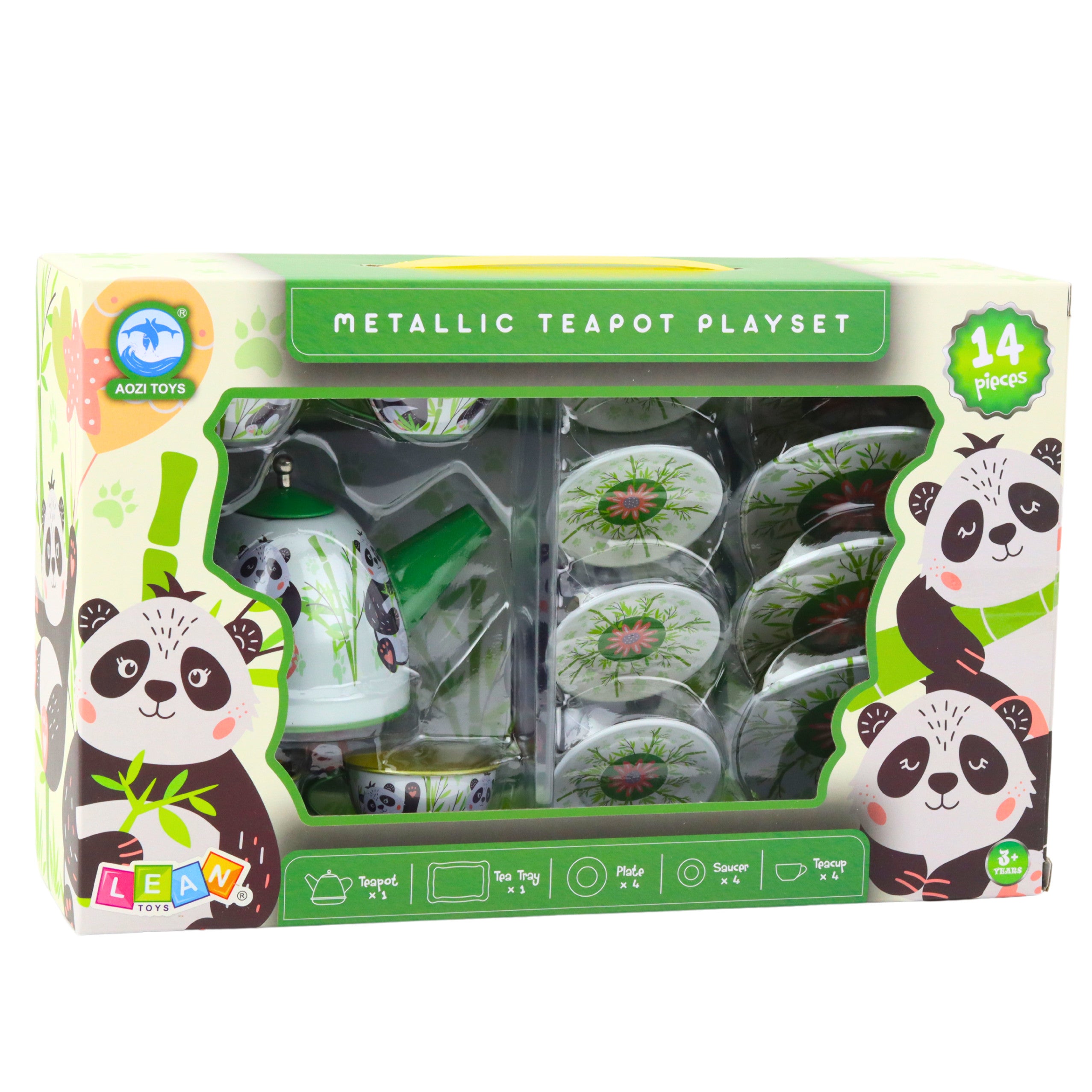Tea Set Metal Jug Cup Plates Panda Green 14 Pcs