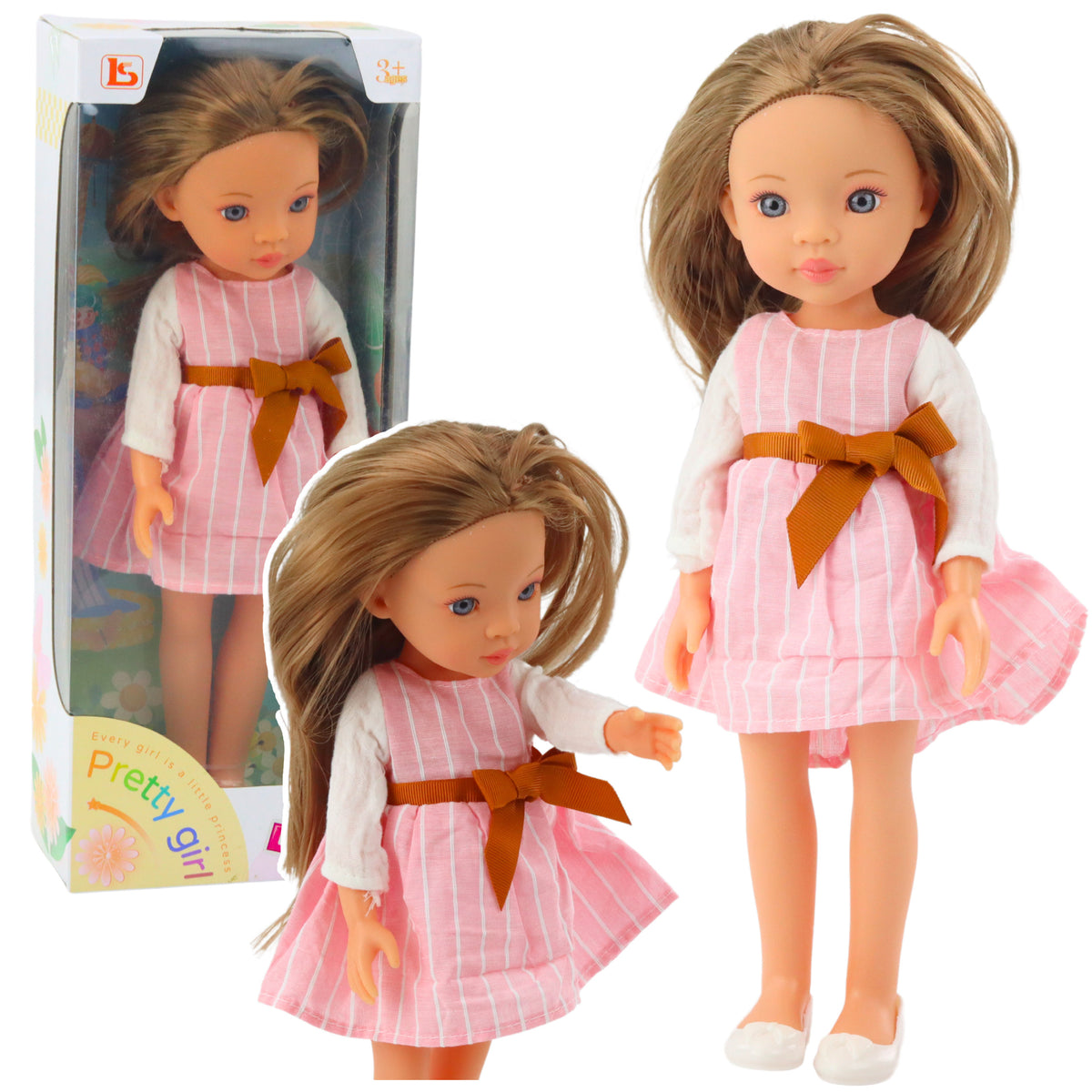 Doll In A Pink Dress With A Bow Long Brown Hair