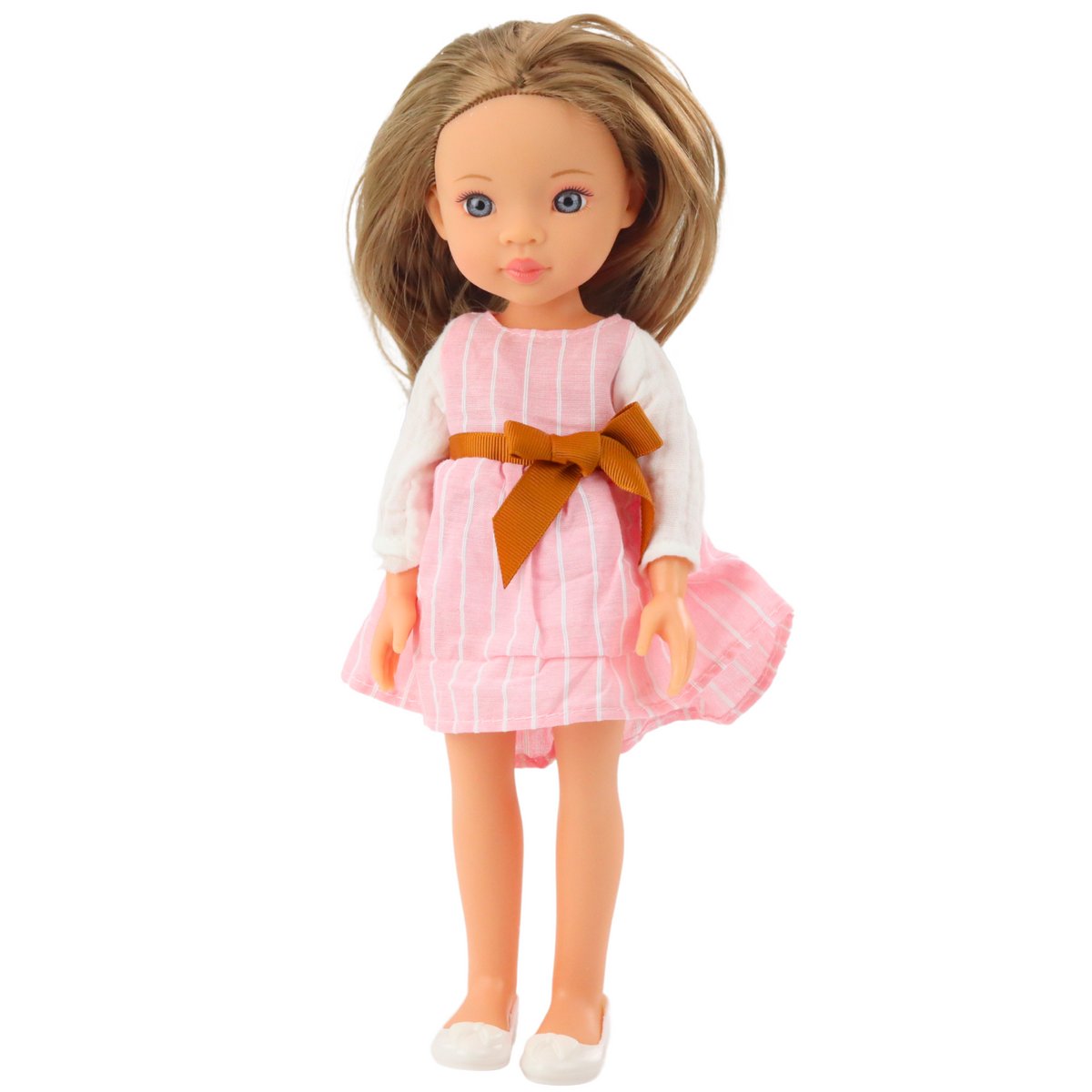 Doll In A Pink Dress With A Bow Long Brown Hair