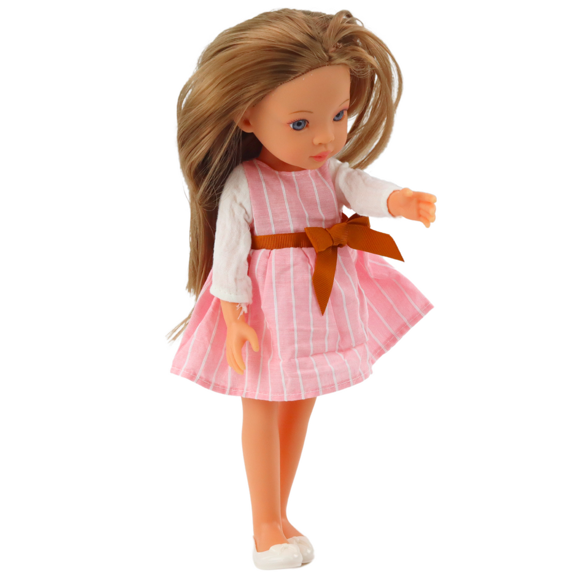 Doll In A Pink Dress With A Bow Long Brown Hair