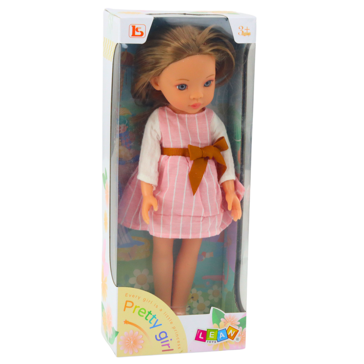 Doll In A Pink Dress With A Bow Long Brown Hair