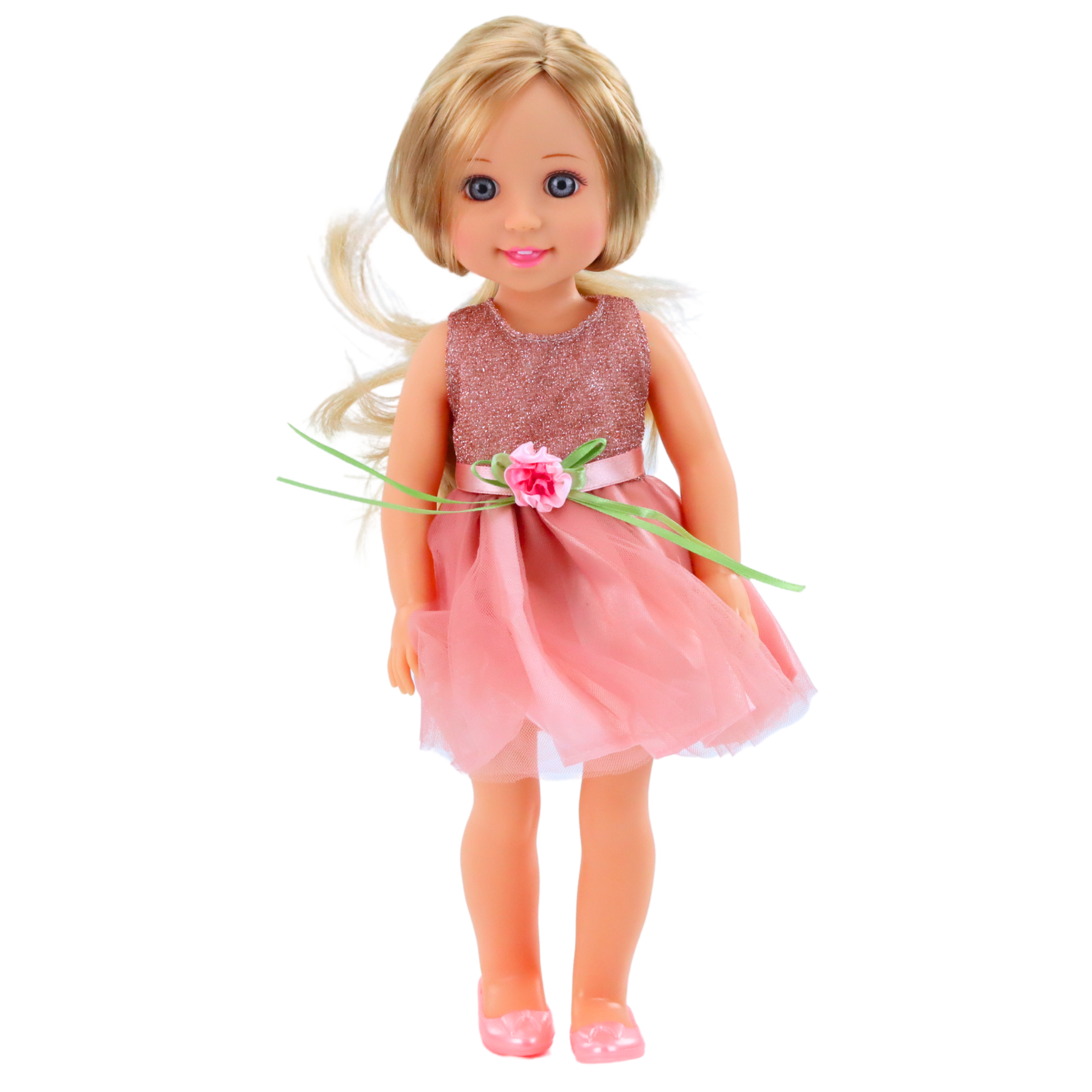 Doll In A Dress With A Bow Long Hair Pink Comb 38cm