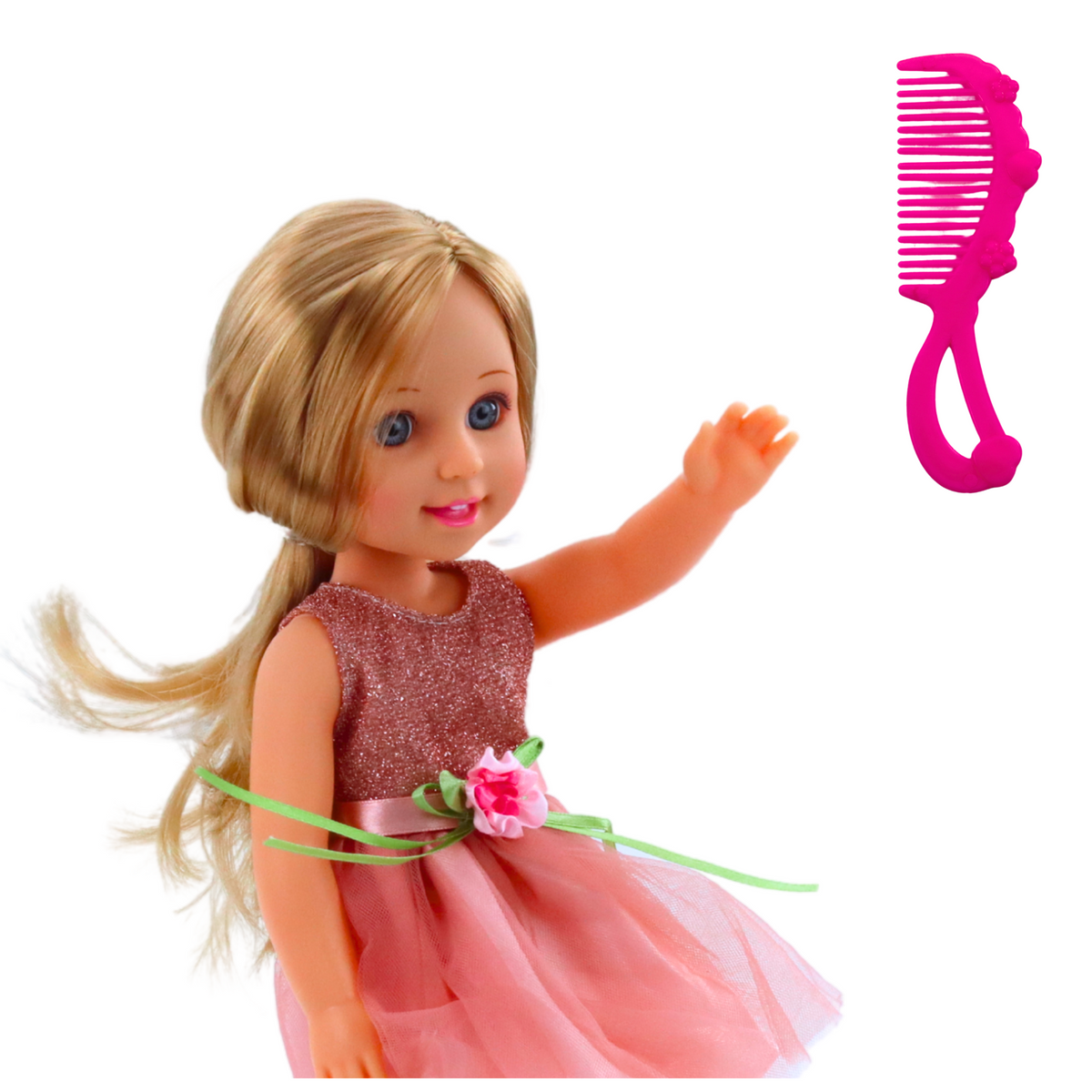 Doll In A Dress With A Bow Long Hair Pink Comb 38cm