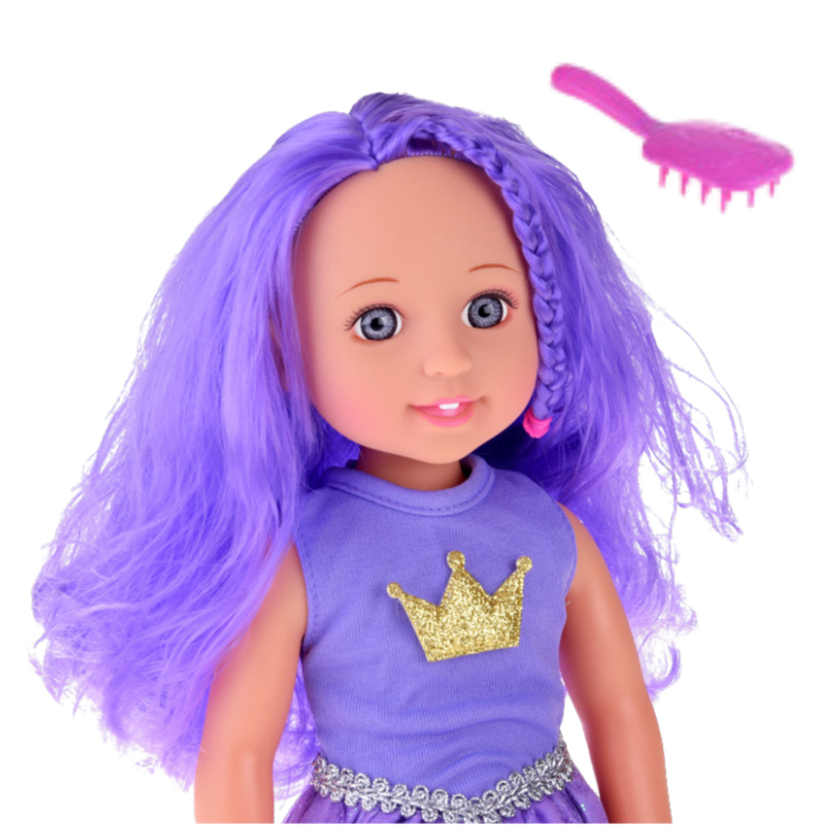 Doll In A Dress With A Crown Long Hair Purple Brush 38cm