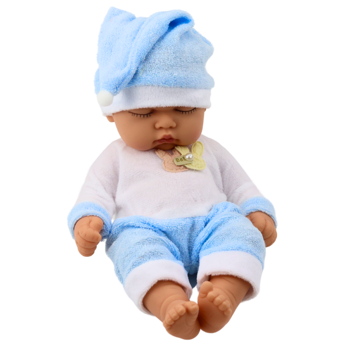 Sleeping Baby Doll In Blue Pajamas Hat With Pompom