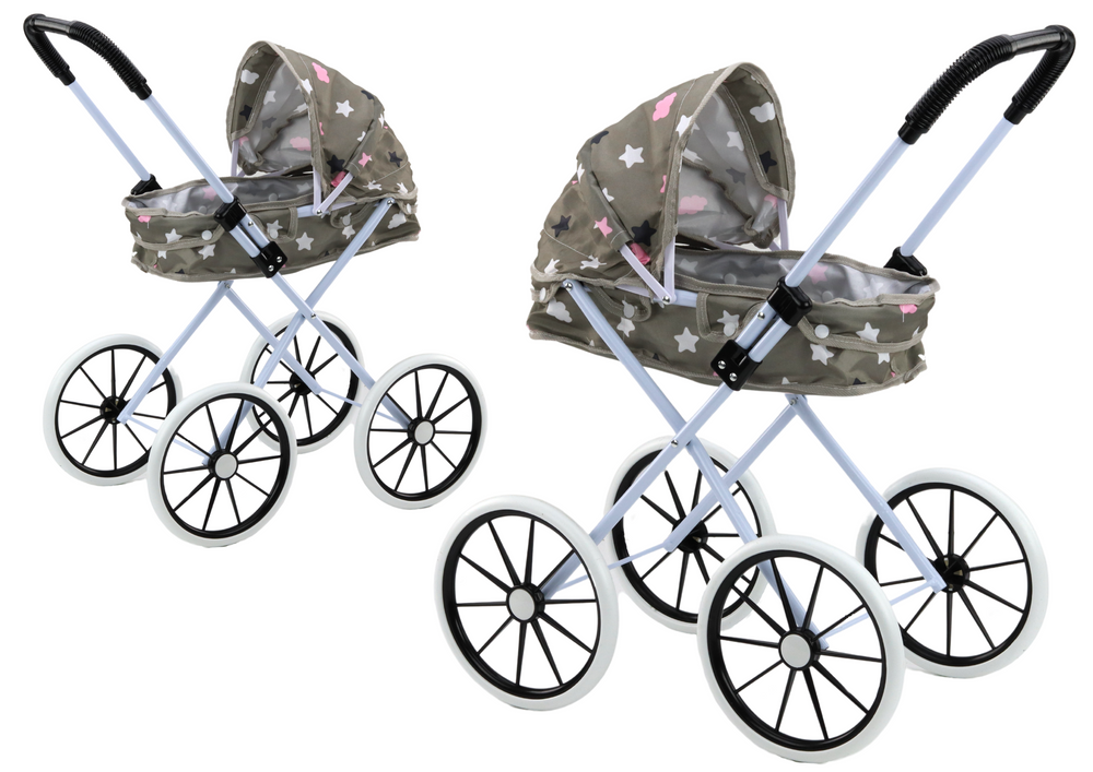 Puppenwagen mit großen Rädern, faltbar, Sterne, Wolken, Grau, 60 cm