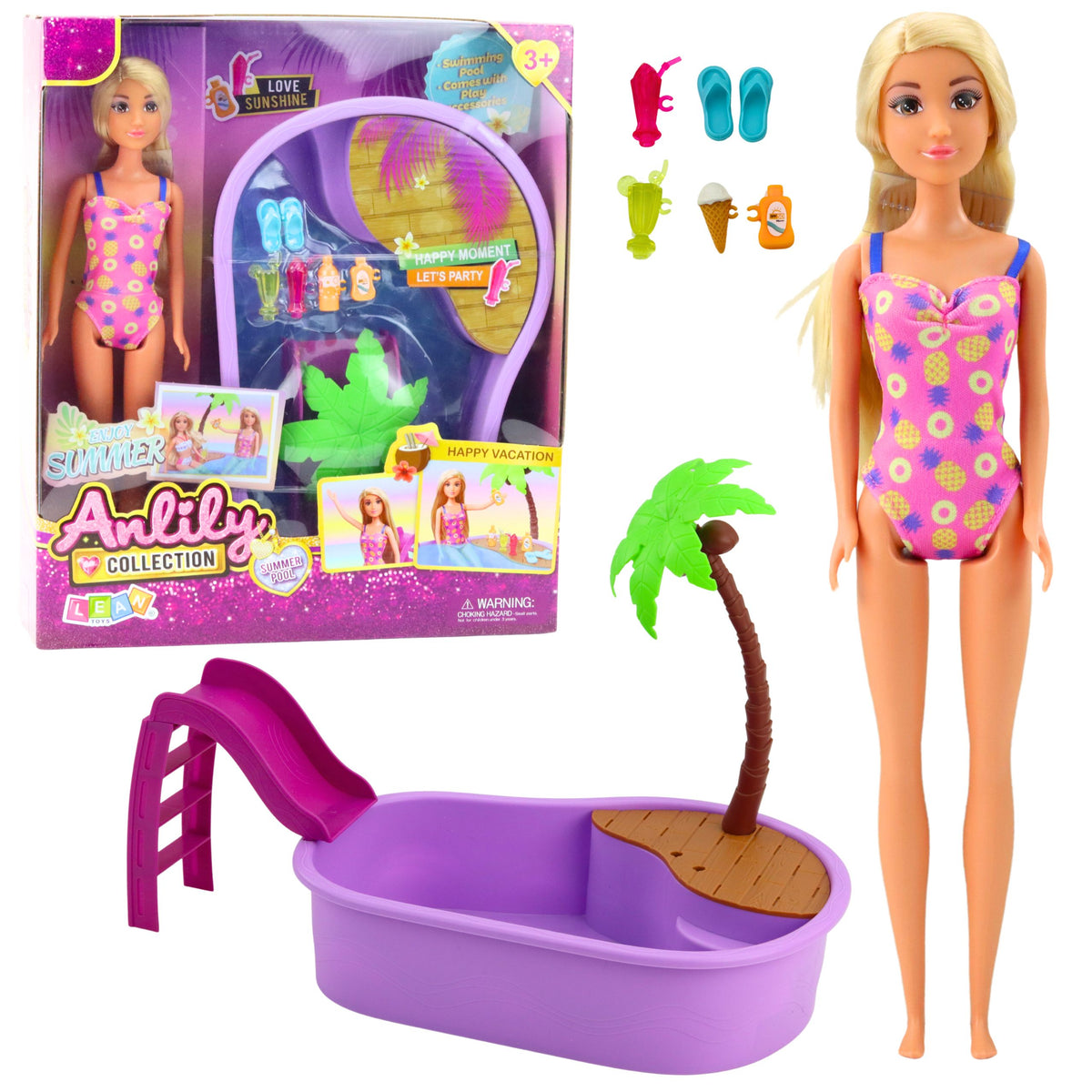 Anlily Doll Set On The Beach Pool Palm Tree Accessories 8 Pcs.
